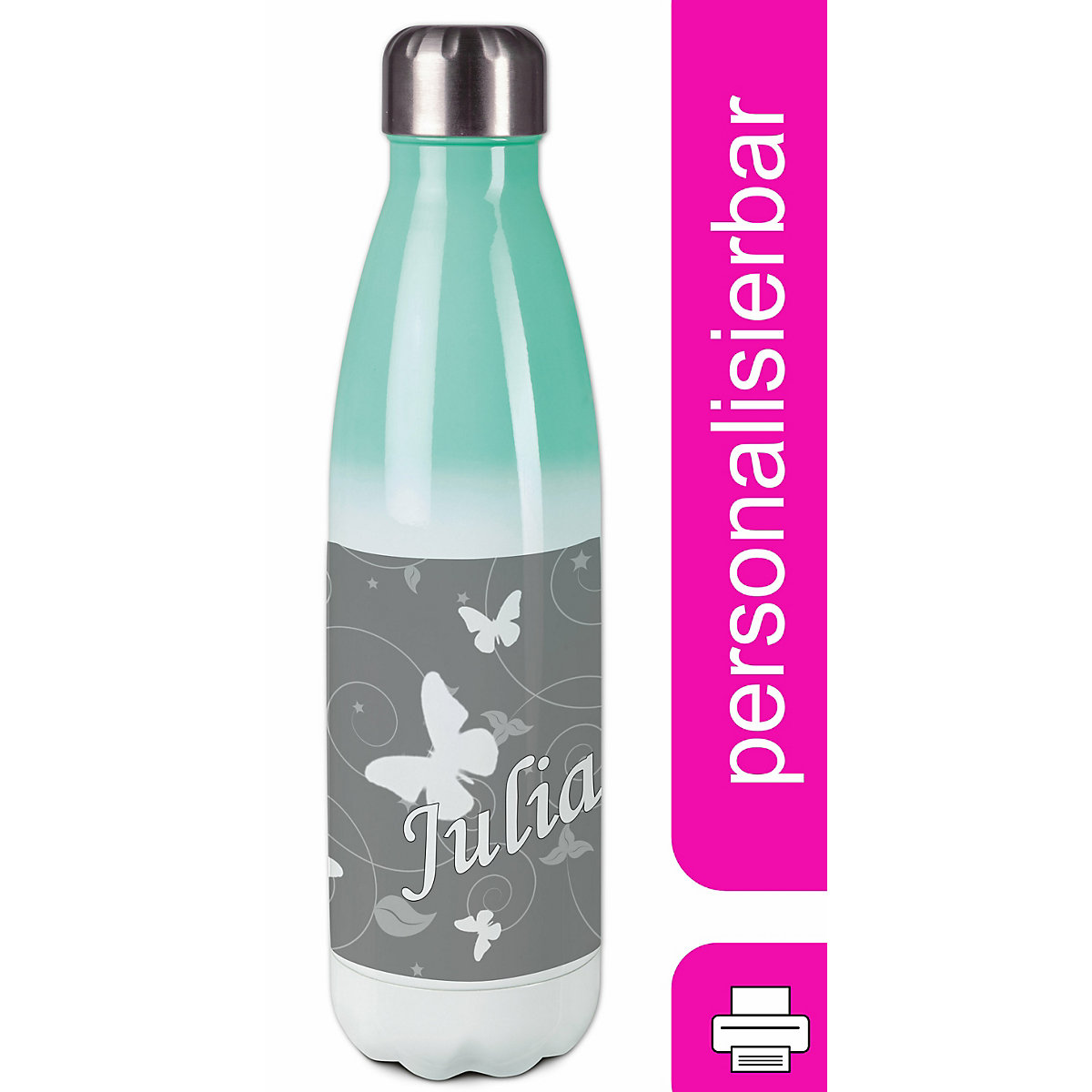 Edelstahl Kinder Thermoflasche / Trinkflasche bunt Schmetterling Ornamente Farbe grau Spülmaschinenfest, Auslaufsicher, Bruchfest, Doppelwandig, Für Heißgetränke geeignet, Mit Deckel, Isoliert