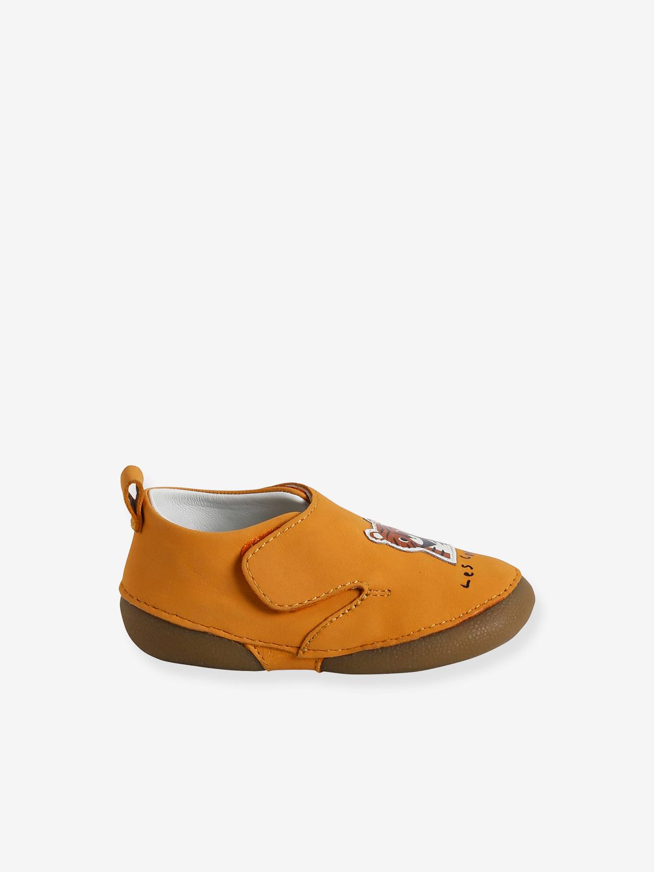 Chaussons scratché bébé en cuir souple jaune