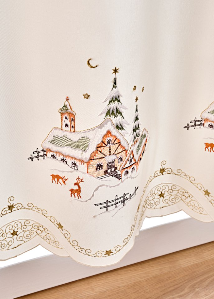 Scheibengardine mit Weihnachtsstickerei