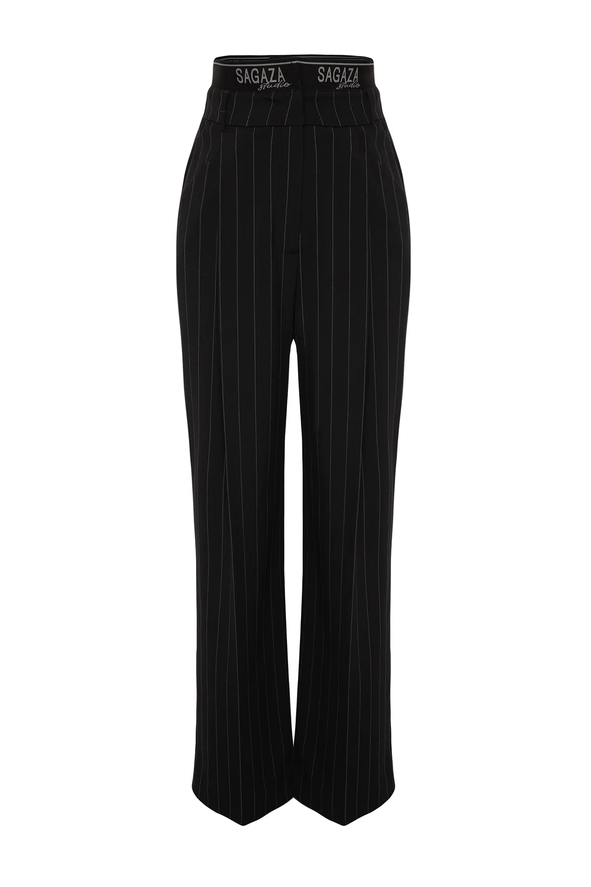 Trendyol Collection  X Sagaza Studio Schwarz gestreifte Gummi-Polyviscon-Hose mit detaillierten Details TCLAW24PL00000