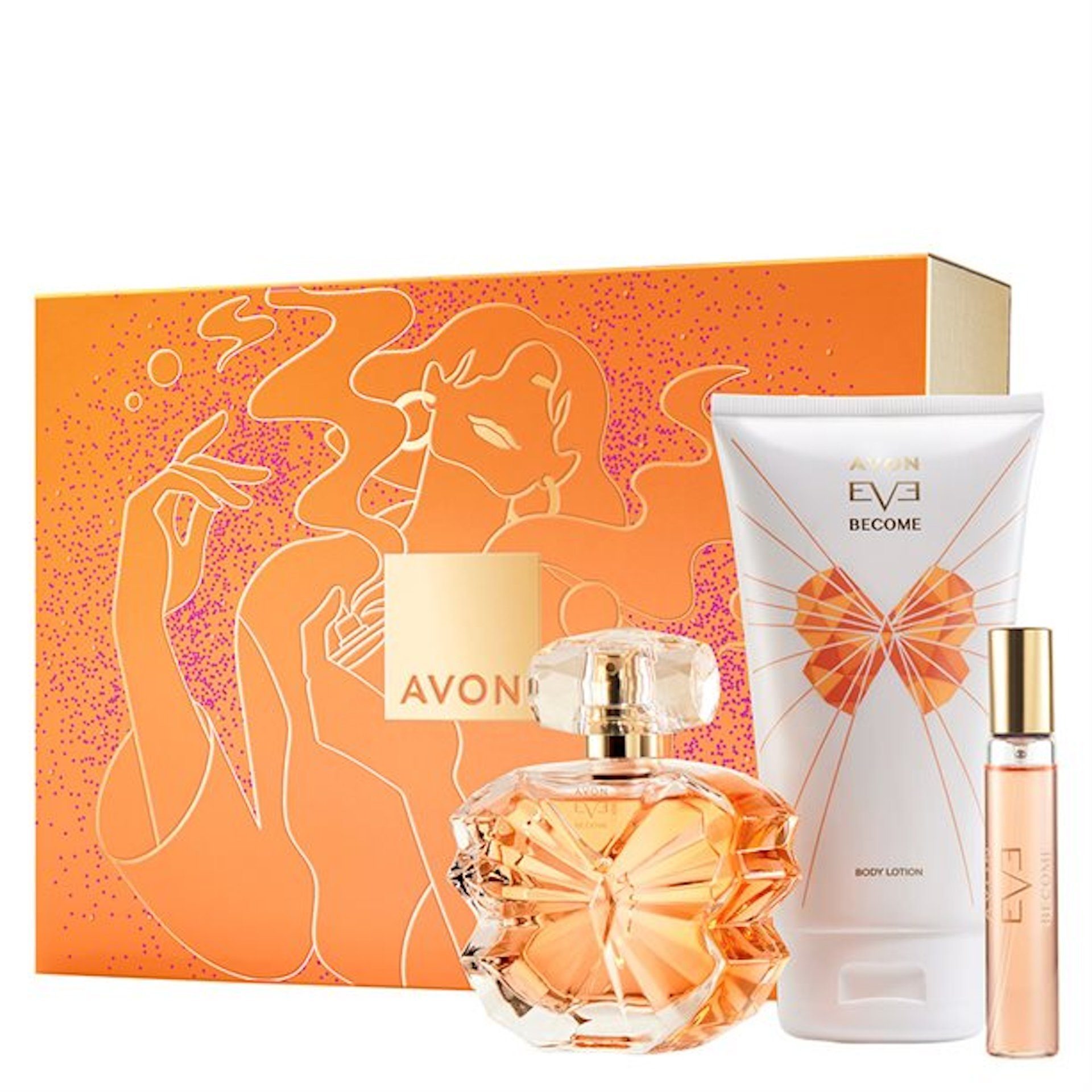 AVON Cosmetics Pflege-Geschenkset Eau de Parfum EVE BECOME 50 ml Taschenspray 10 ml Body Lotion 150 ml Mit Noten von rotem Apfel, Schmetterlingsblüten-Akkord und Zedernholz. Duftkategorie: blumig, fruchtig Set, 3-tlg., Einzigartiger Langanhaltender D