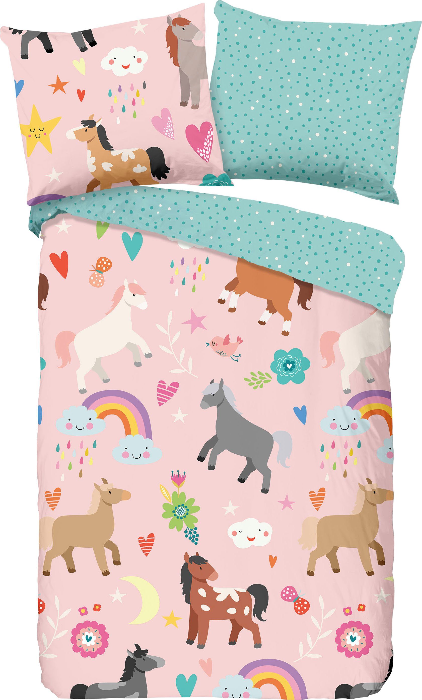 Kinderbettwäsche Horses, good morning, Renforcé, 2 teilig, 100% Baumwolle