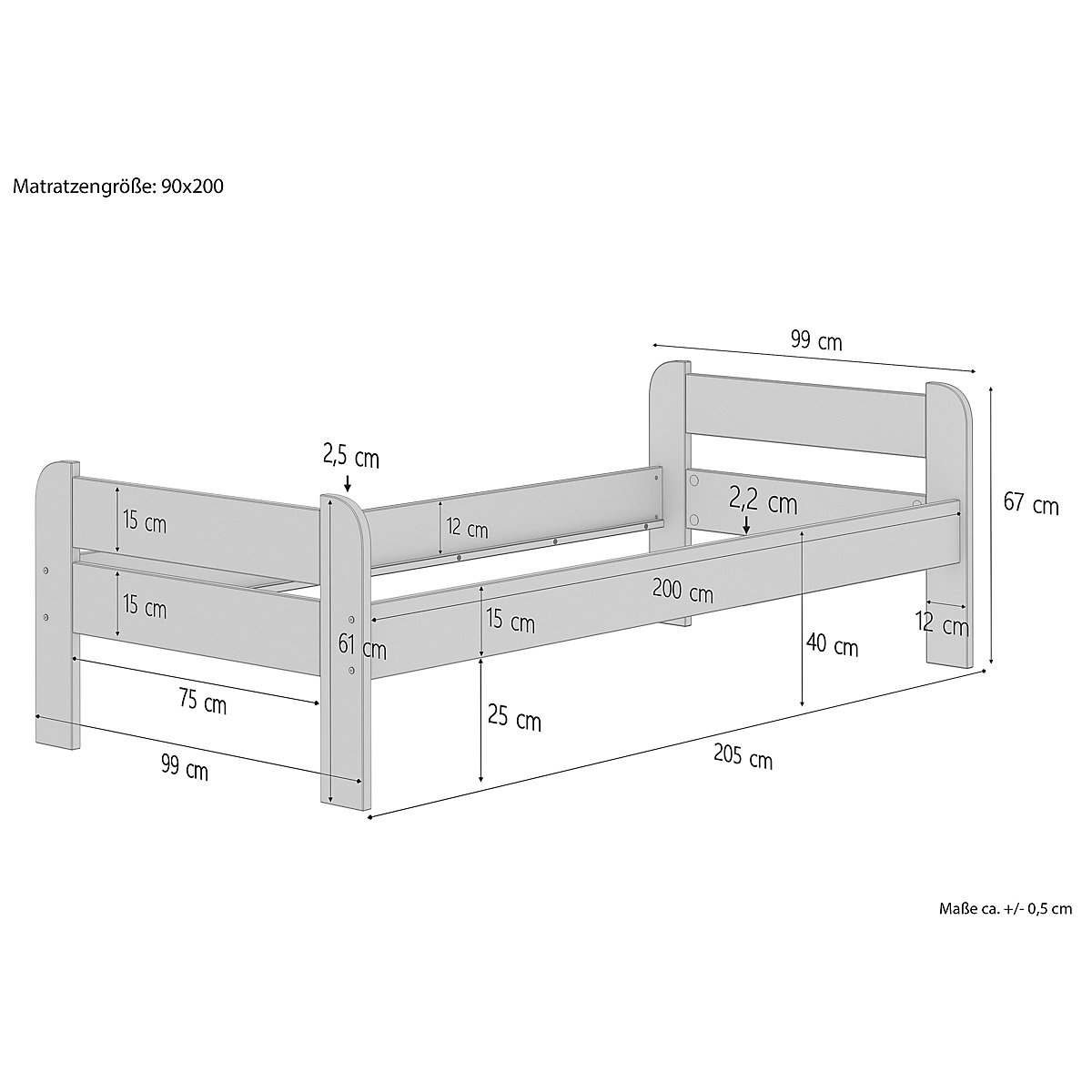 Bettgestell Kiefer Massivholz 90x200 mit Kopf- und Fußteil