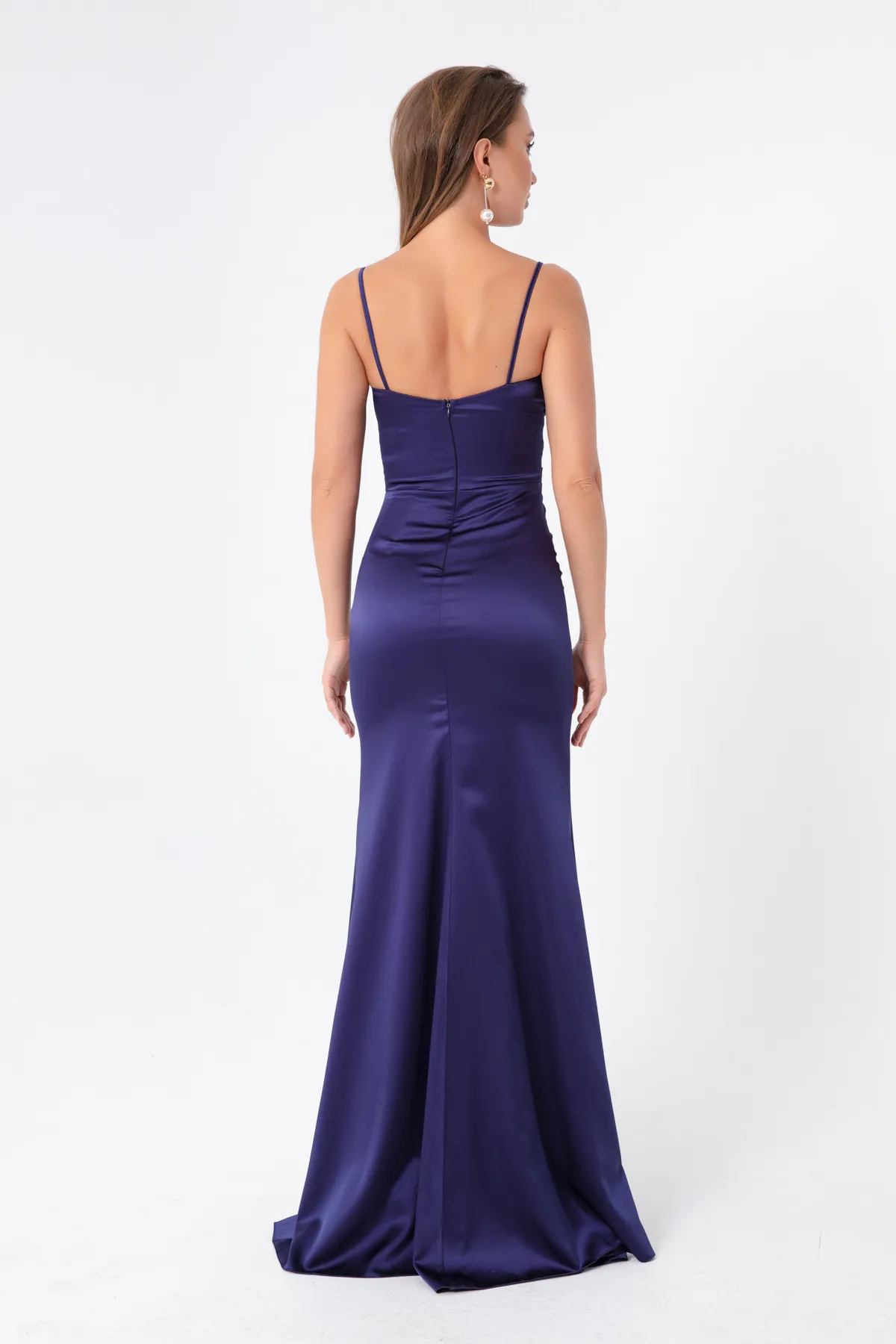 Lafaba  Marineblaues, langes Satin-Abend- und Abschlusskleid mit Trägern und Schlitz für Damen