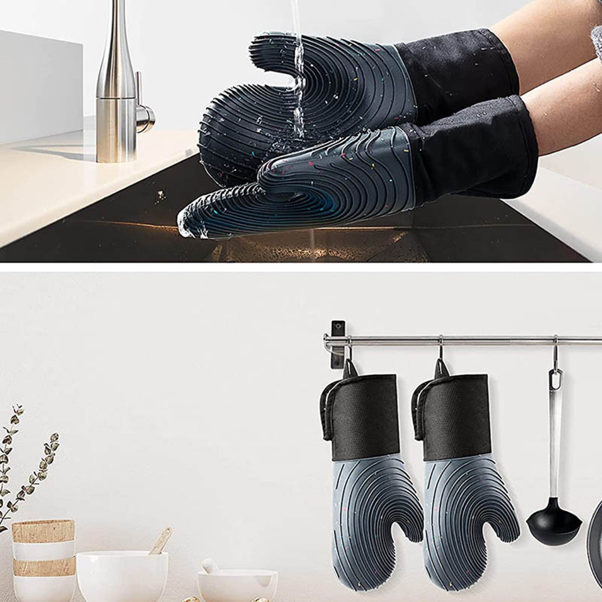 HYIEAR Topflappen Ofenhandschuhe, hitzebeständig, mit 2 Topflappen (4-teilig), Hitzebeständig, hygienisch und rutschfest