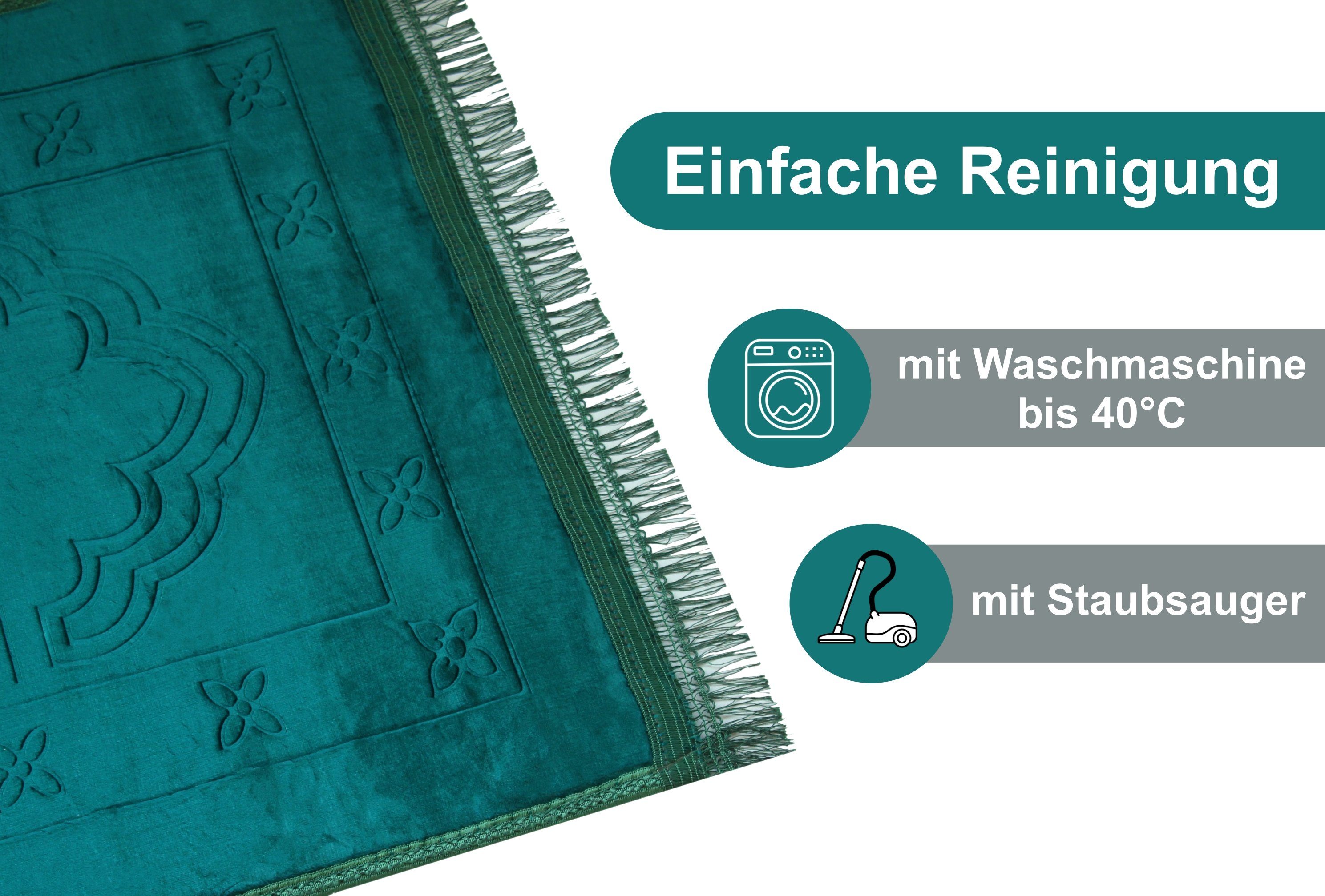 Teppich Muslimischer Gebetsteppich EXTRA WEICH, groß Sajadat mit gratis Tesbih, Nurify, 80 x 120 cm, Höhe: 100 mm, Gebetsmatte aus Samt für Muslime, besonders dick, rutschfester Gebetsteppich für Moschee, Zuhause & Unterwegs