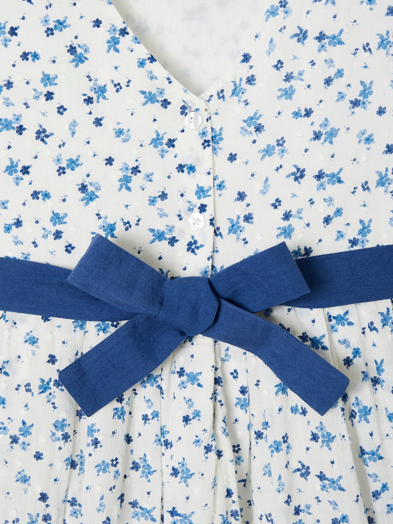 Robe de cérémonie à fleurs et plumetis fille ceinture nouée au dos écru