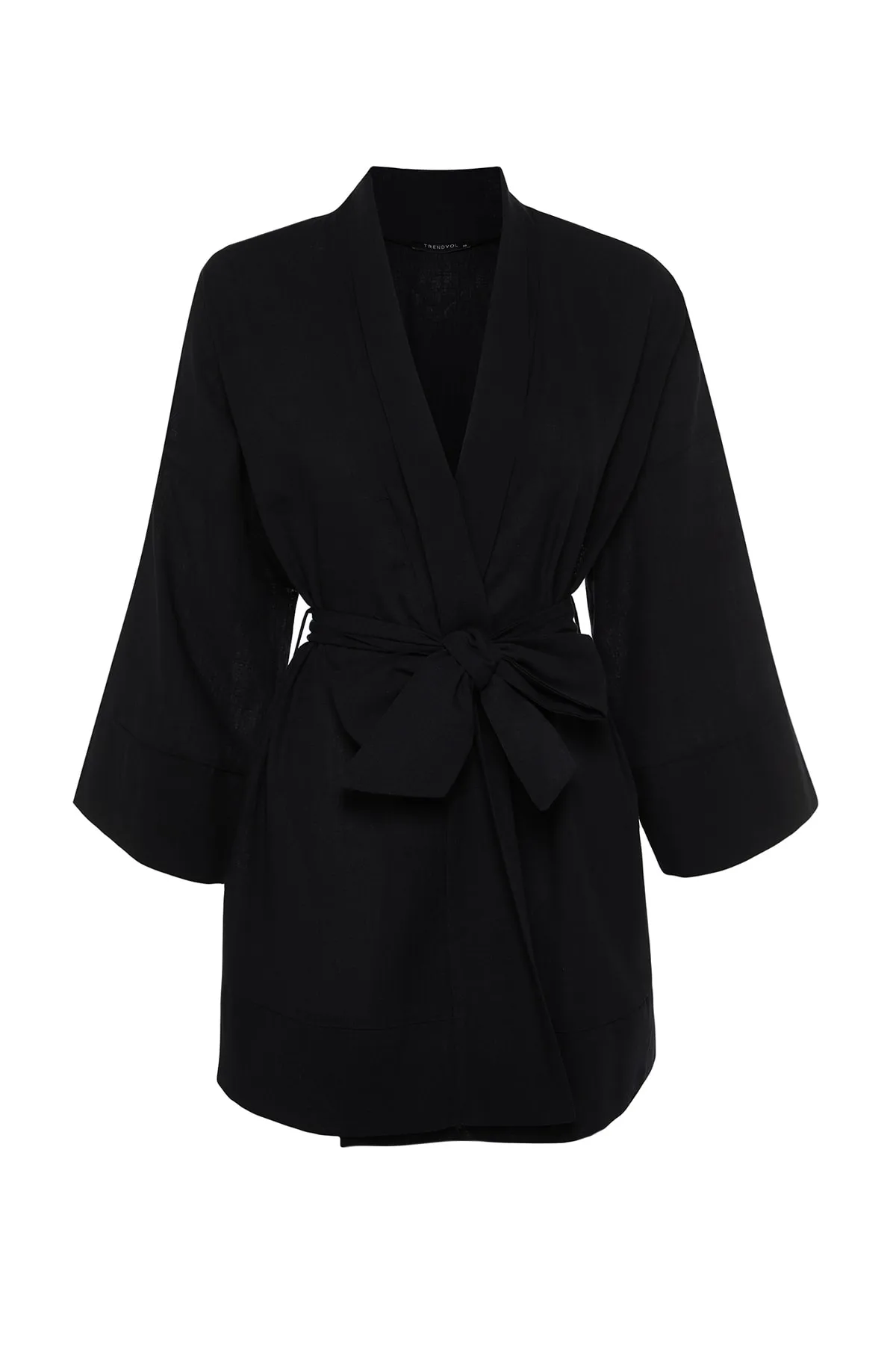 Trendyol Collection  Schwarzer Mini-Kimono und Kaftan aus 100 % gewebter Baumwolle mit Gürtel TBESS23KM00080