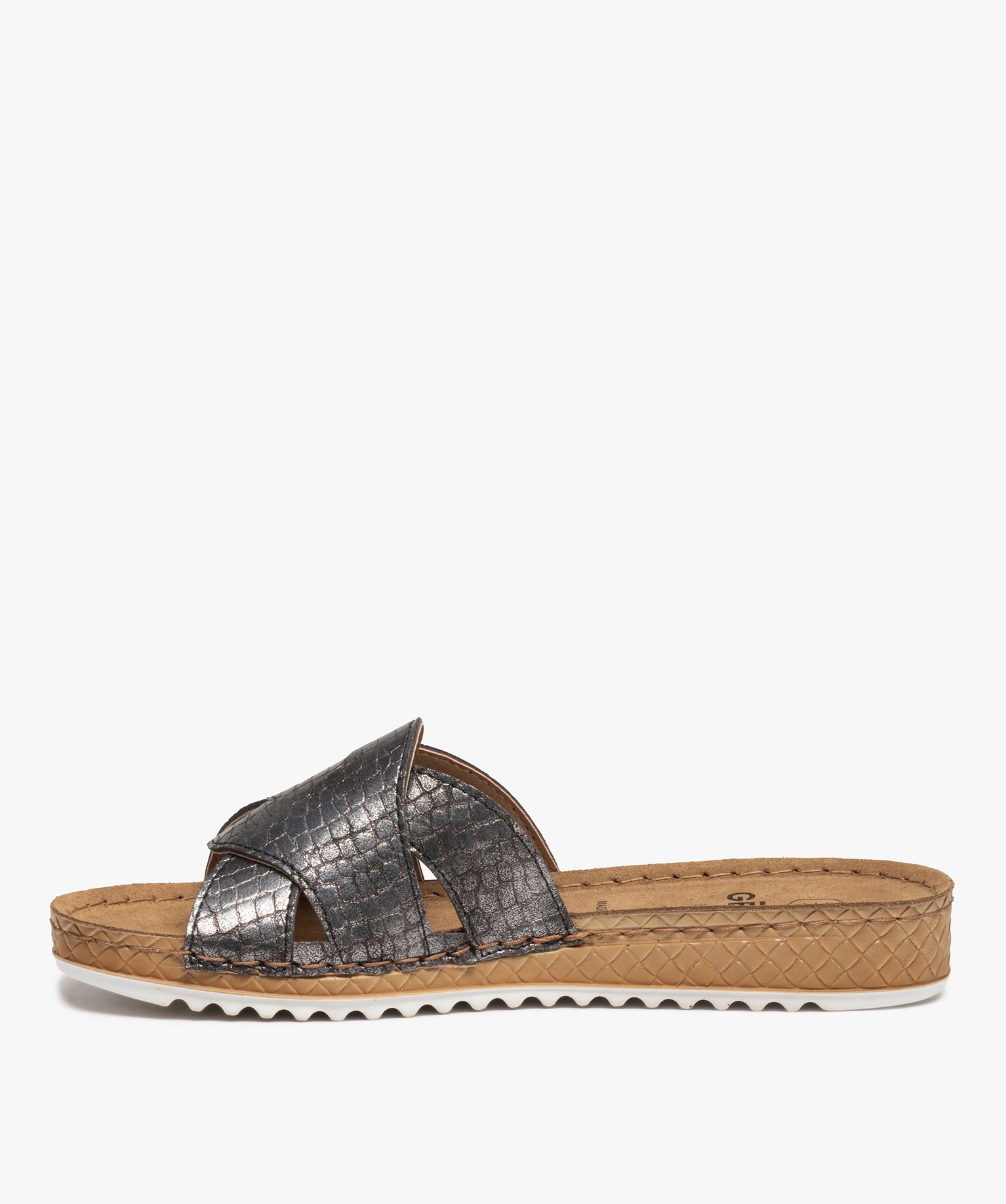 Mules femme à talon plat confort et larges brides metallise | GEMO