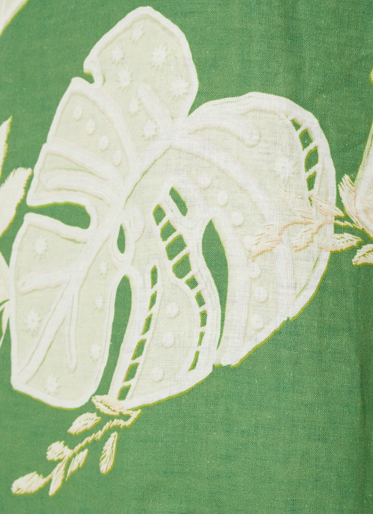 Rochie scurtă din in cu imprimeu monstera și funde de la Farm Rio Lace