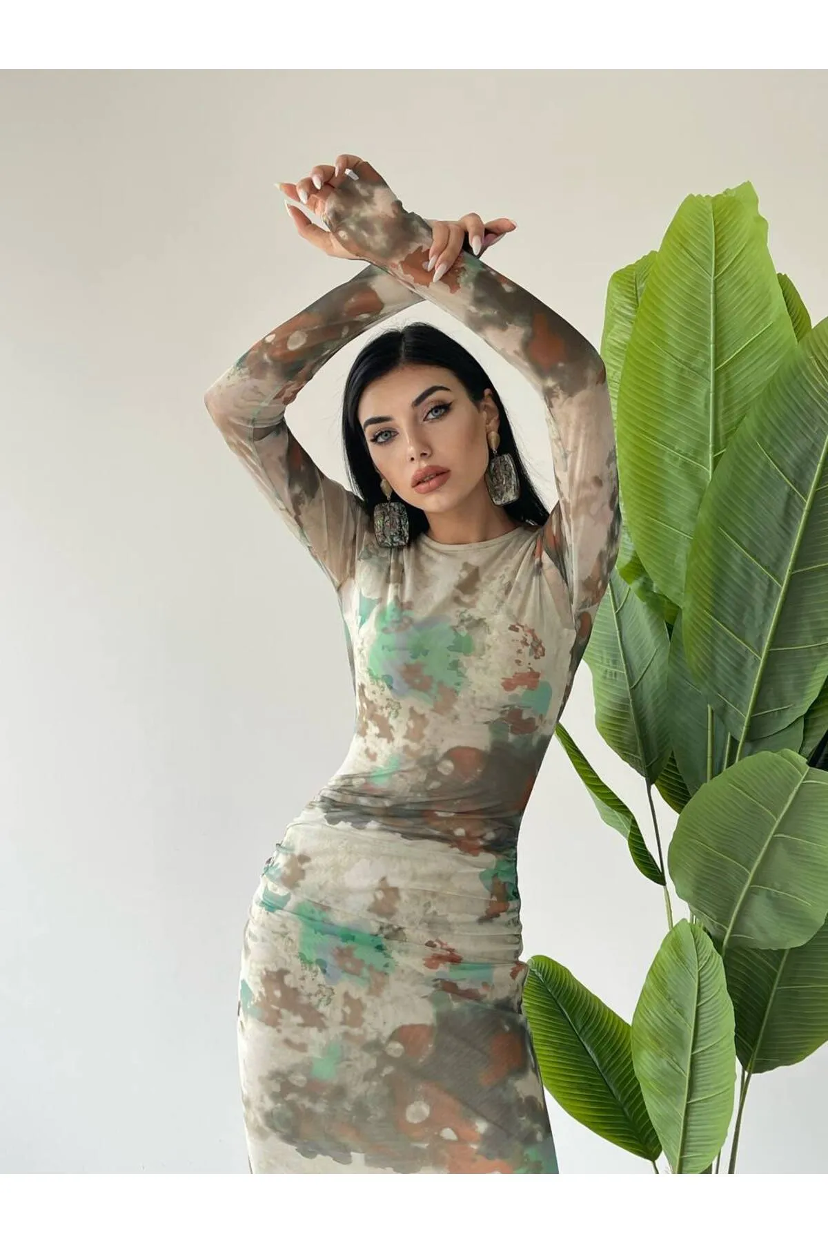 SONREİR  MIDI-GEMUSTERTES KLEID MIT FINGERUHRFUTTER