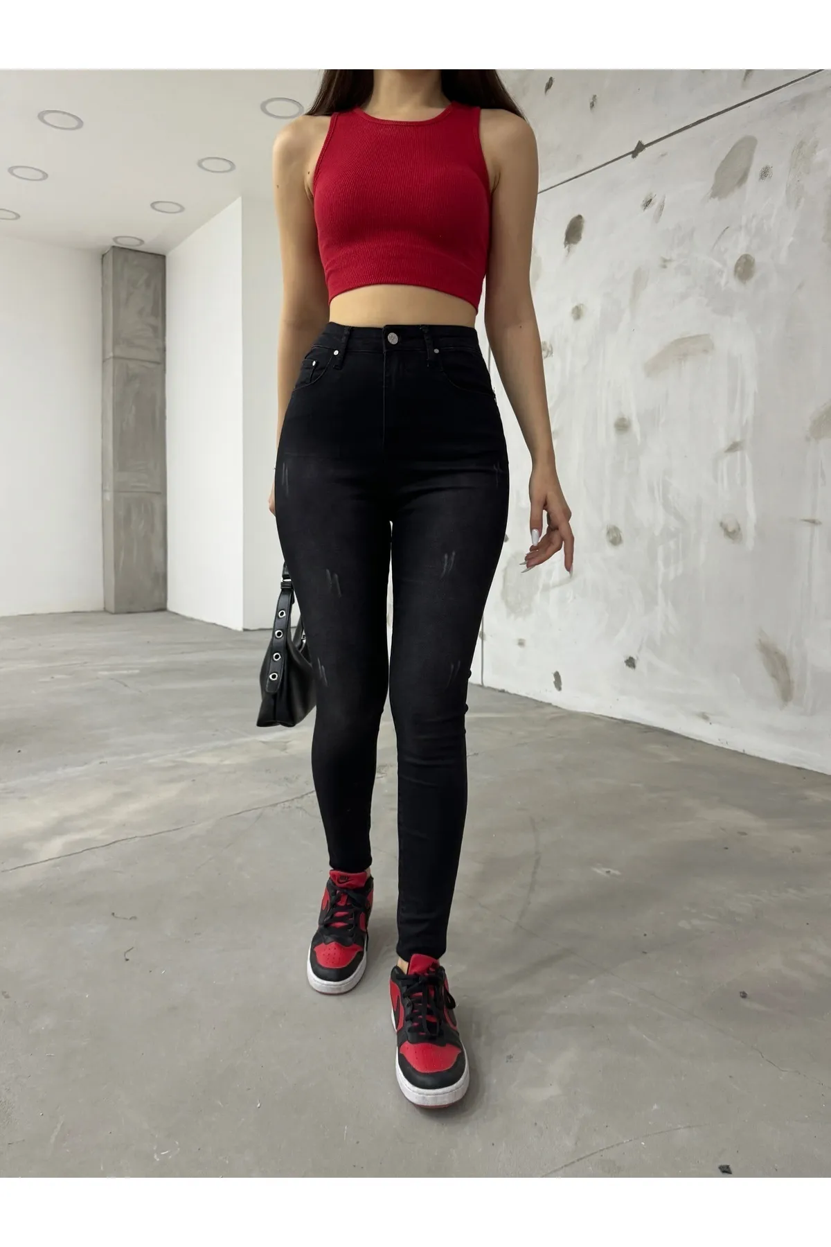 BİKELİFE  Schwarze Lycra-Jeanshose mit hoher Taille und Nageldetail