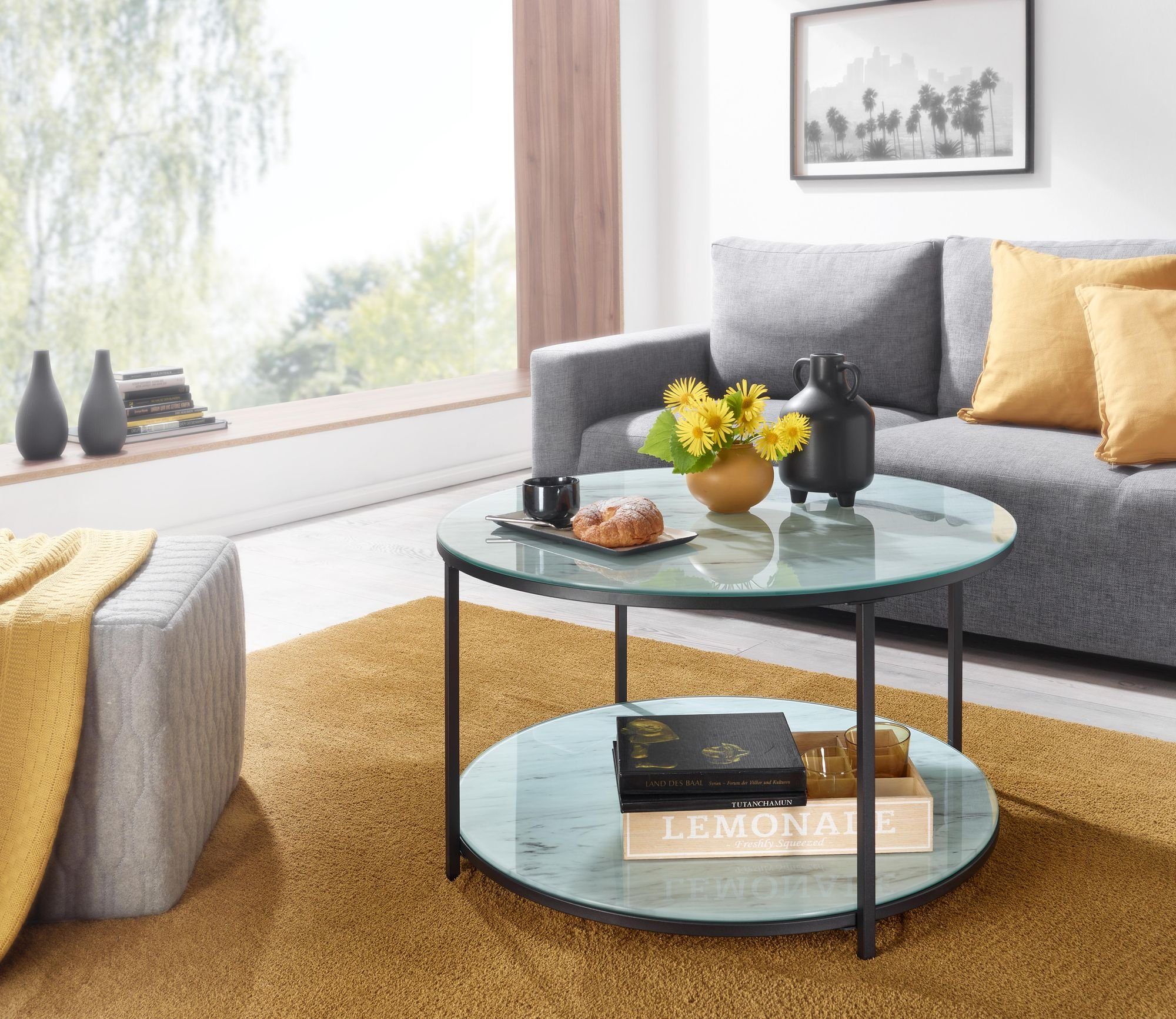 FINEBUY Couchtisch FB36843 (80x80x45 cm Glas Sofatisch Rund Marmor Optik Weiß), Wohnzimmertisch Kaffeetisch mit Metall-Gestell