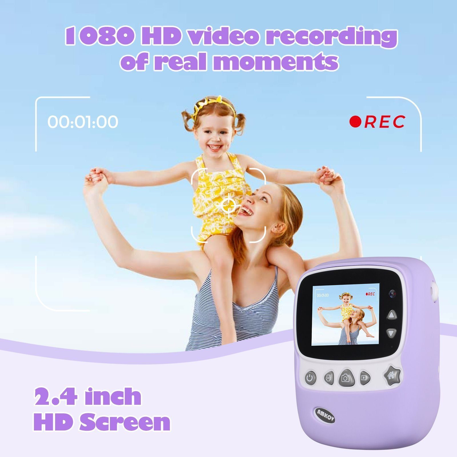 DOTMALL CD-P01B Kinderkamera (30 MP, 16x opt. Zoom, WLAN (Wi-Fi) Kinderkamera (inkl. 6 farbigen Pinselstiften + 2 Rollen Druckpapier + Aufkleber, Videoaufnahmen mit Ton in Full HD, 30 MP, 16x opt. Zoom, WLAN (Wi-Fi), Zusätzliche 32 GB SD-Speicherkart