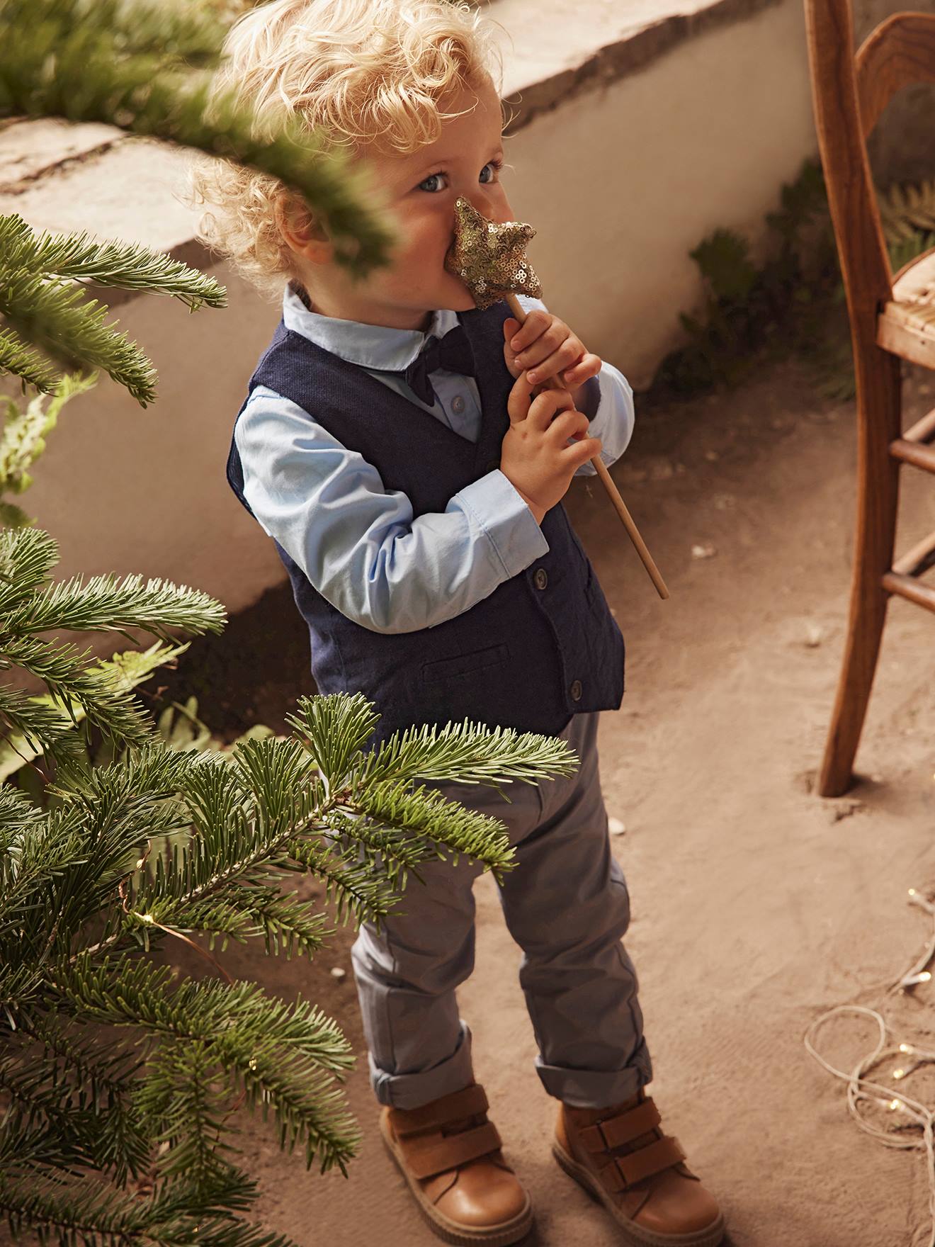 Vertbaudet Festliches Jungen Baby-Set: Hemd, Hose, Weste & Fliege Oeko-Tex - blau/nachtblau/grau
