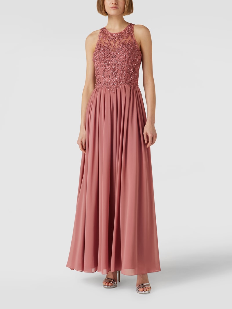 Abendkleid mit floralen Stickereien und Zierperlen in rosa
