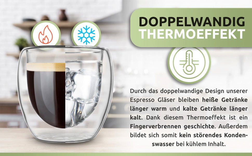 PORADA Espressoglas 4er Set doppelwandige Espresso Gläser 80ml, 4-teilig, Espresso Gläser-Set 80ml, doppelwandig, isolierend