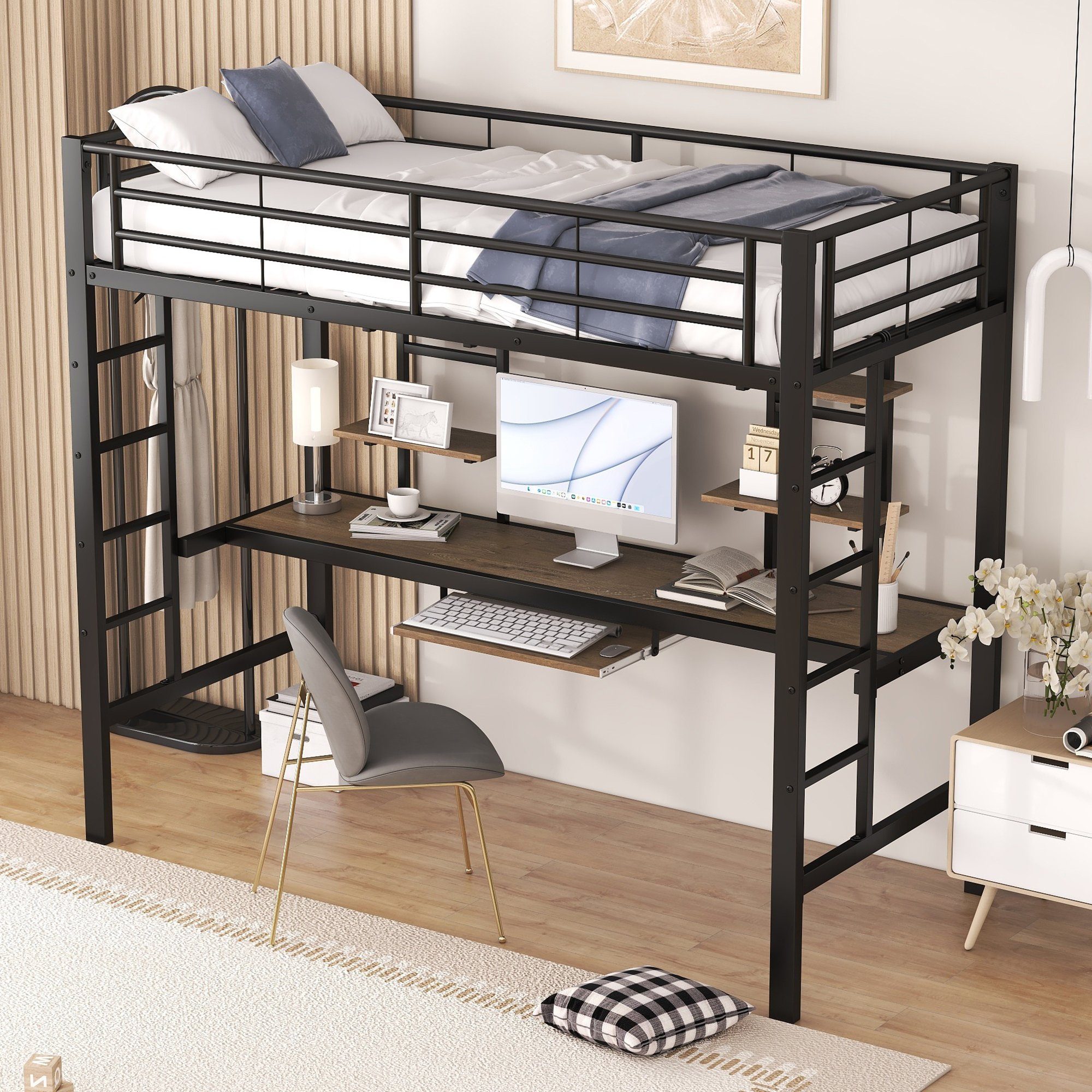 Ulife Hochbett Schwarz Metallbett mit Schreibtisch und 2 Bücherregalen ohne Stuhl 90x200cm