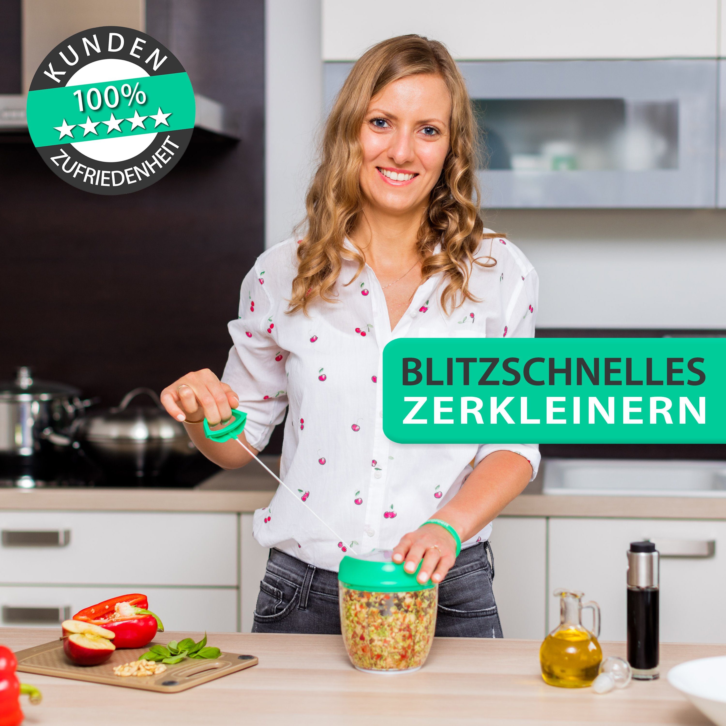 freegreen® Zwiebelhacker 940 ml, Multi-Zerkleinerer I Zwiebelschneider I Universalzerkleinerer, Edelstahl Gemüseschneider mit Mixer-Einsatz und Frischhaltedeckel