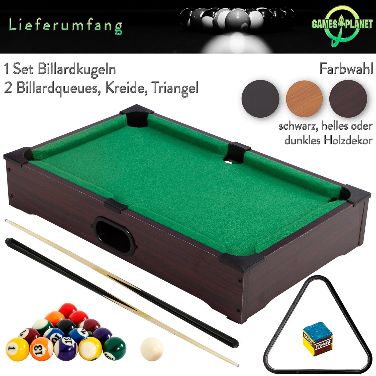 GAMES PLANET Billardtisch Mini Pool Billardtisch Nano inkl. Zubehör, (2 Queues, Kugeln, Dreieck, Kreide), 3 Dekore, Maße: 51x31x10cm