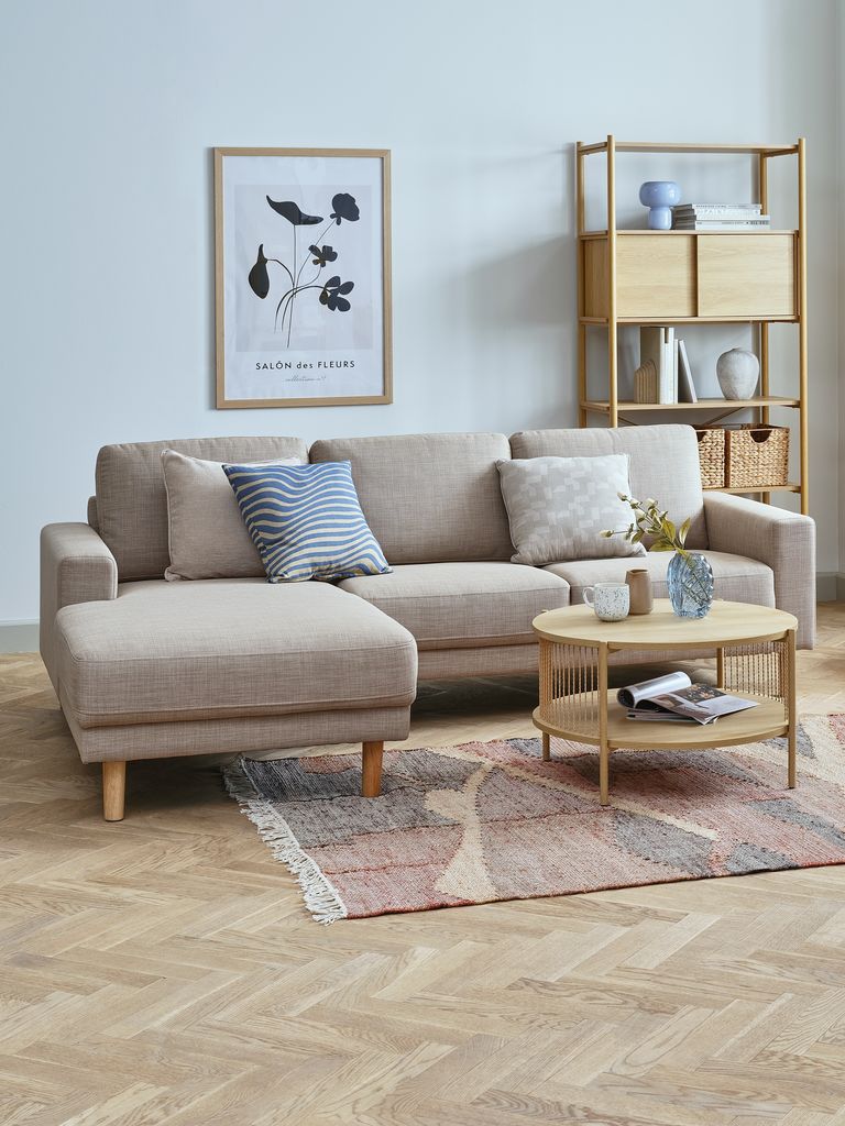 EGENSE Sofa z szezlongiem EGENSE tkanina piaskowa/kolor dębu