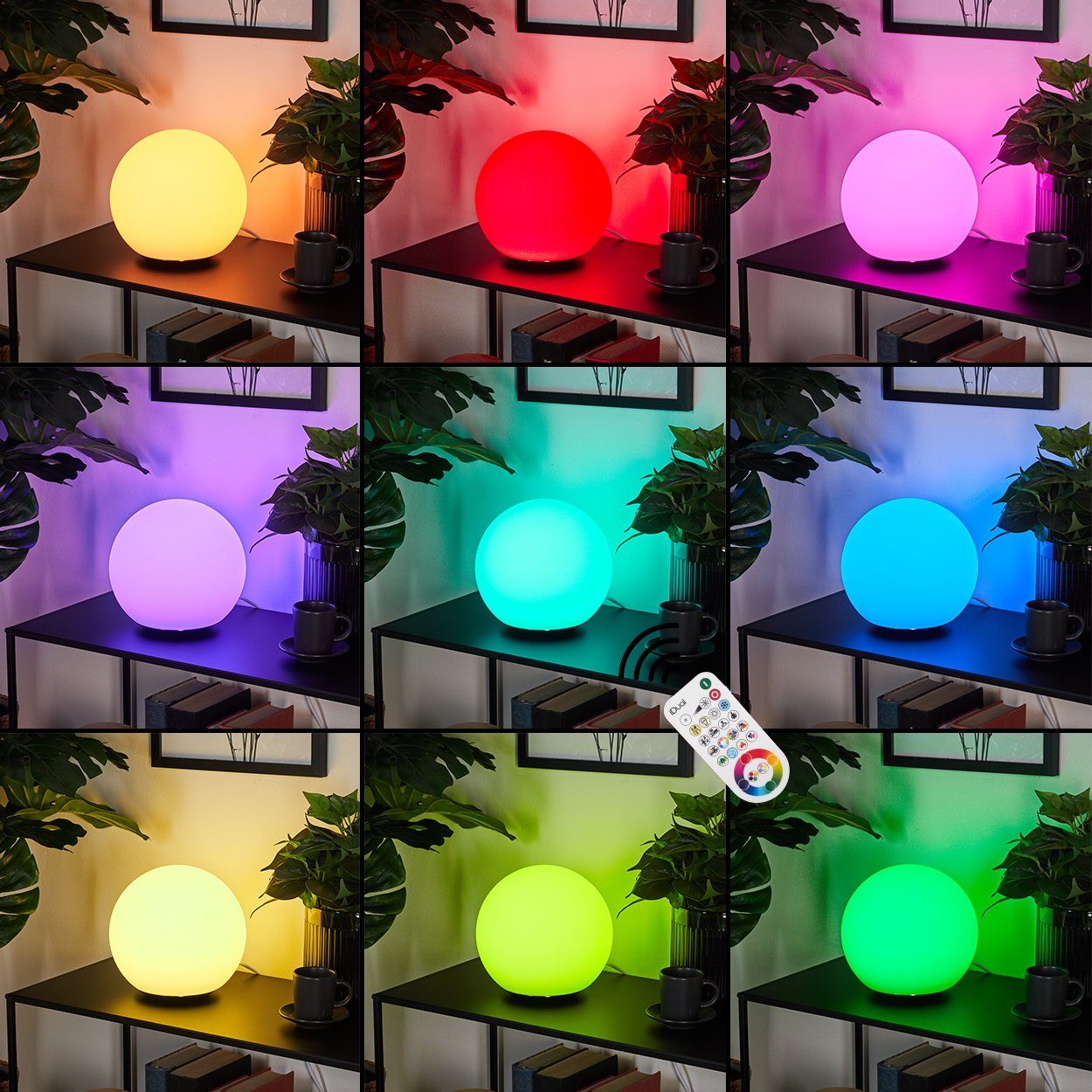 hofstein Tischleuchte Turrida Kugelleuchte aus Metall/Kunststoff in Nickel-matt/Weiß, 6500 Kelvin, RGB Farbwechsler, dimmbar/ änderbar mit Fernbedienung, LED, 500 Lumen