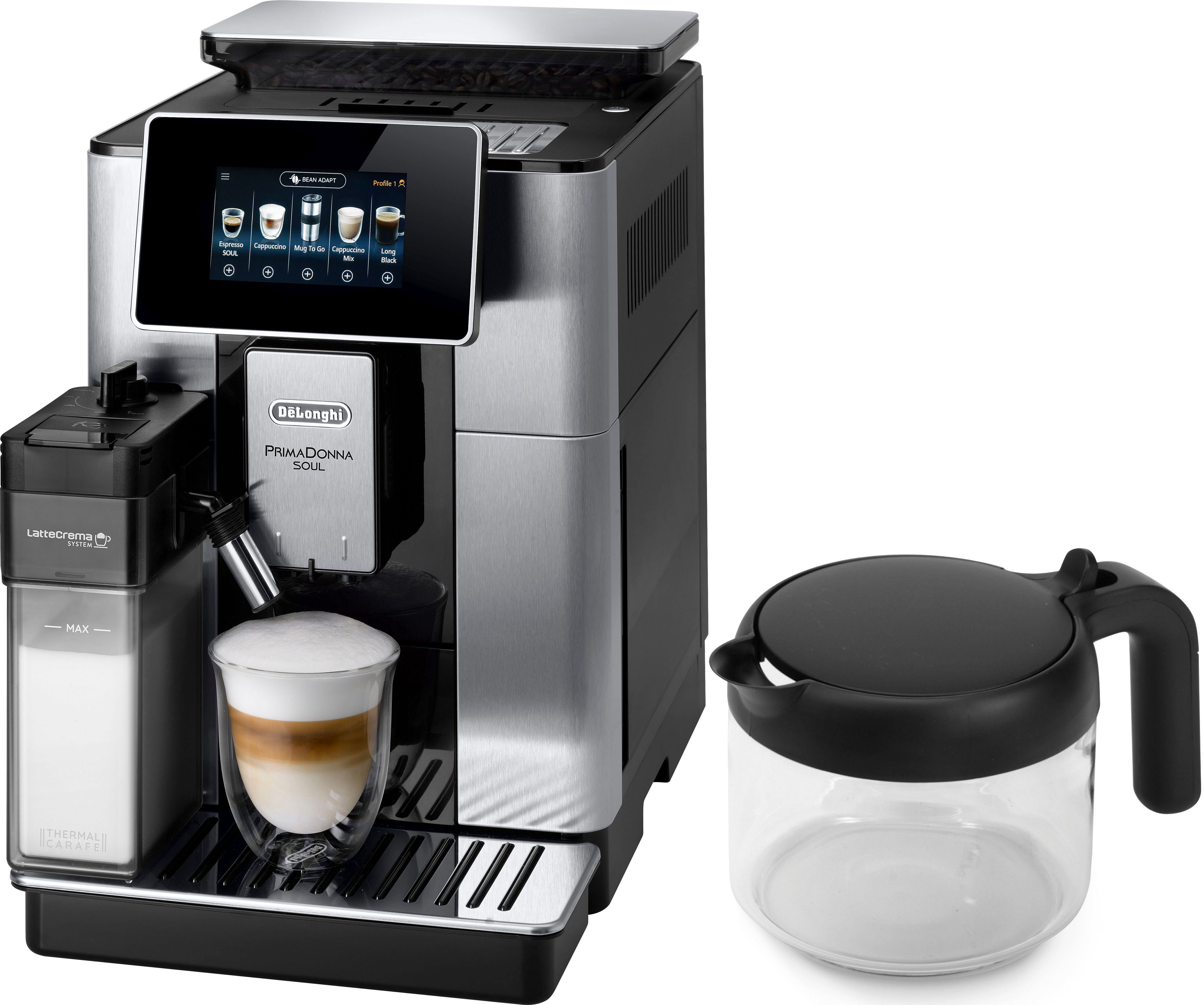 De'Longhi Kaffeevollautomat PrimaDonna Soul ECAM 610.75.MB, inkl. Kaffeekanne im Wert von UVP € 29,99 + Gläser-Set UVP € 46,90