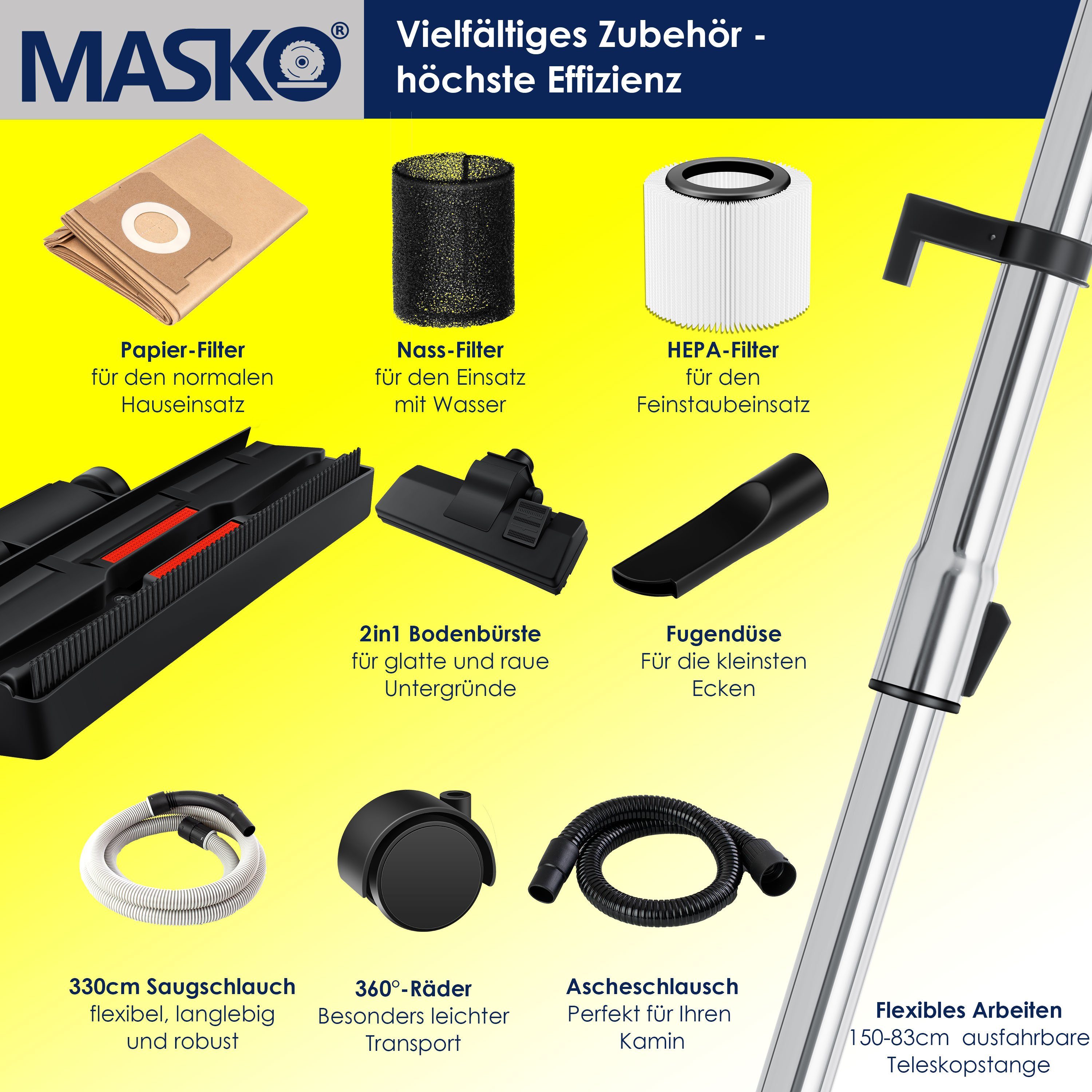 MASKO Industriesauger, 2300 W, 6IN1 Industriestaubsauger Staubsauger Nass Trocken Sauger