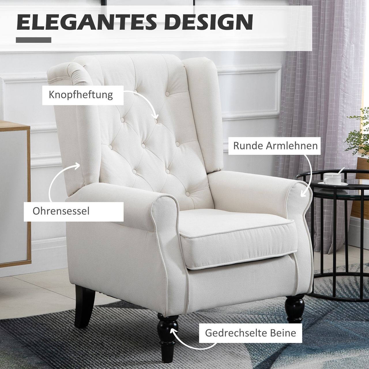 HOMCOM Einzelsessel mit Tufting Relaxsessel Einzelstuhl Holzfüße Polyester Creme