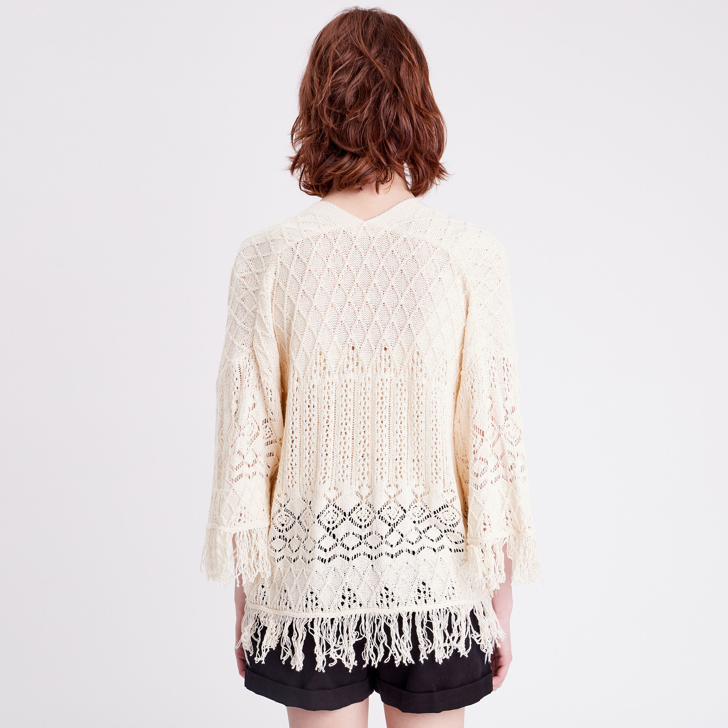 Gilet esprit kimono franges ecru femme | Cache Cache