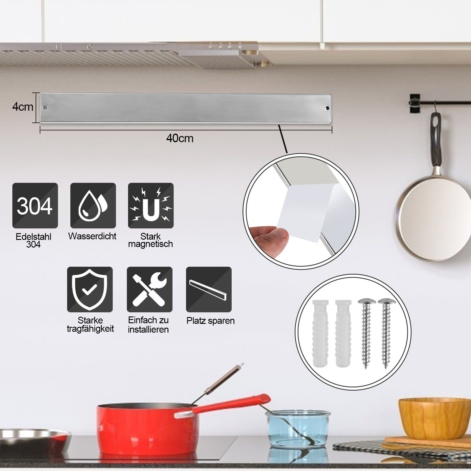 TolleTour Wand-Magnet Messer-Leiste Magnetleiste Messer 40cm - selbstklebend mit 3M magnetisch