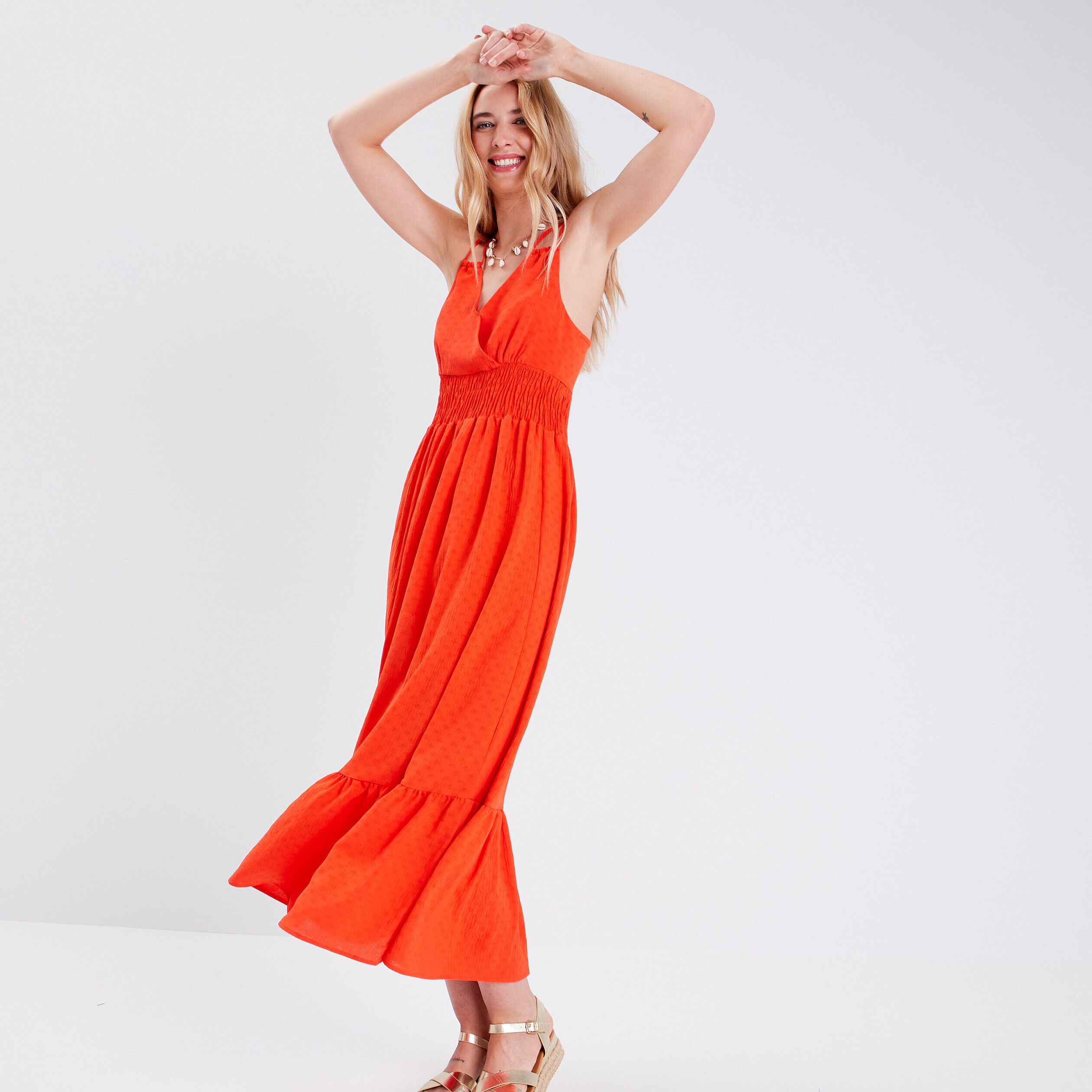 Robe longue évasée rouge femme | Cache Cache