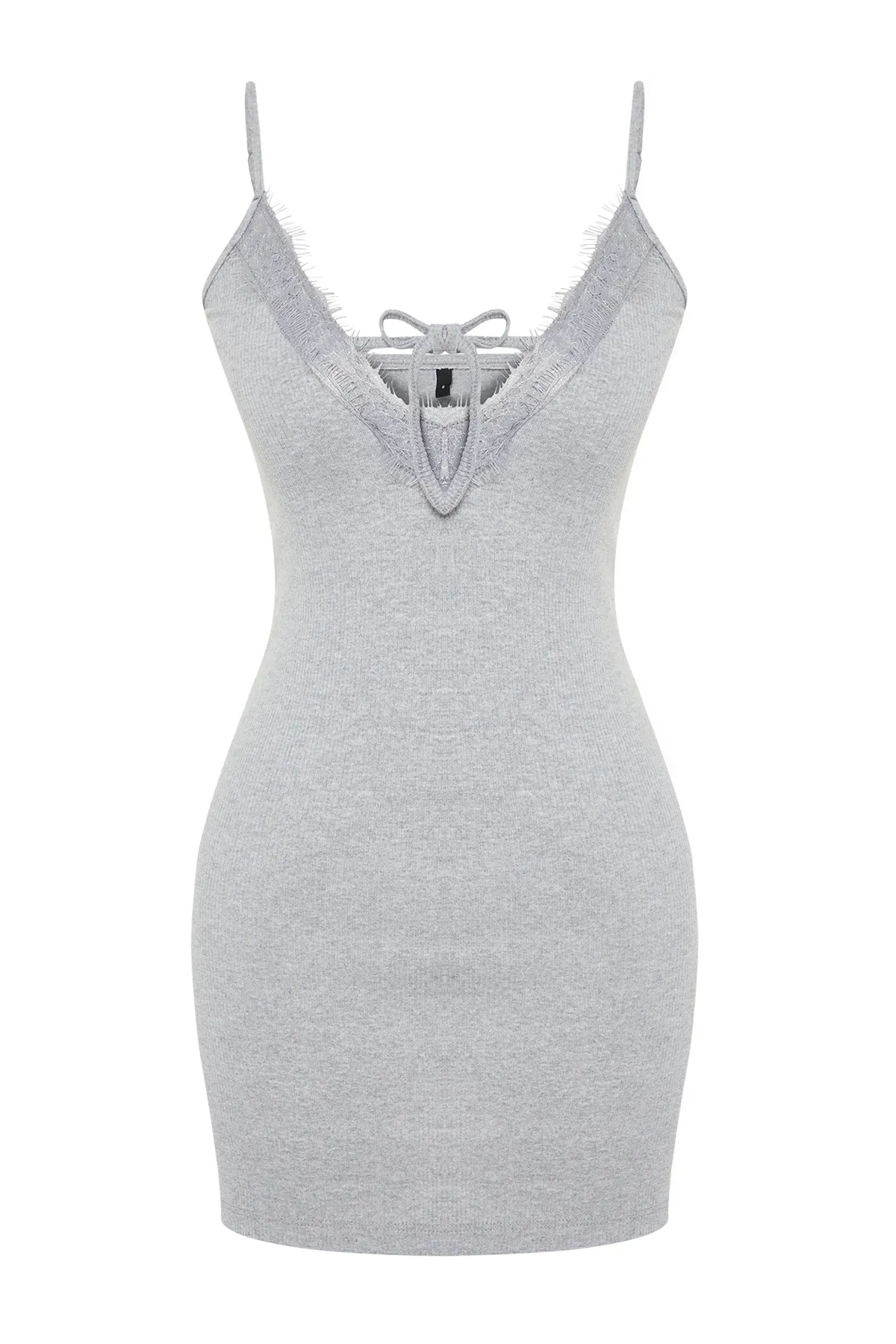 Trendyol Collection  Grau meliertes Nachthemd aus geripptem Strick mit Spitze und Bindedetail aus Baumwolle mit Riemen THMSS23GC00014