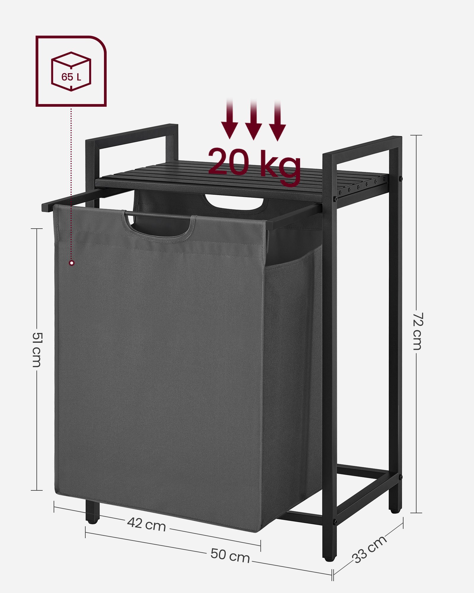 VASAGLE Wäschekorb, mit Ablage, Wäschesack abnehmbar, Metallrahmen, 65 L