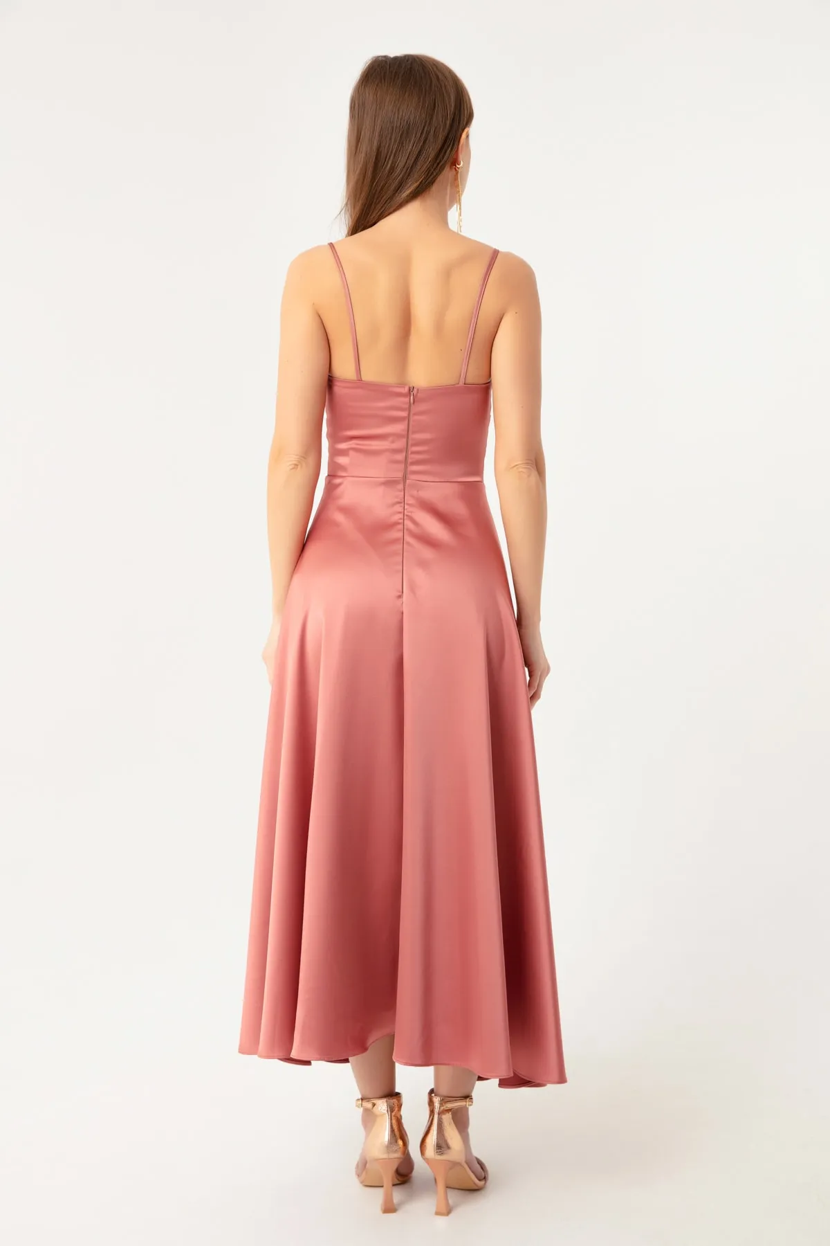 Lafaba  Lachsfarbenes Midi-Abendkleid und Abschlusskleid aus Satin mit Riemen an der Taille und Gürtel für Damen