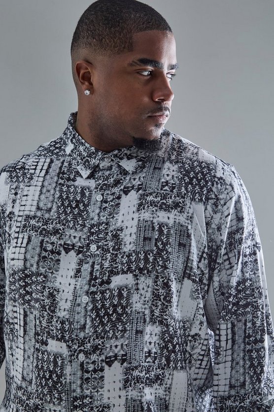 Plus langärmliges Patchwork Hemd mit Print
