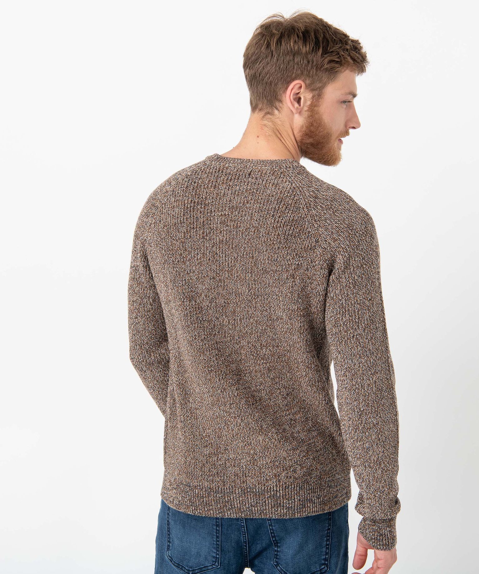 Pull homme à col rond en maille chinée ecru | GEMO