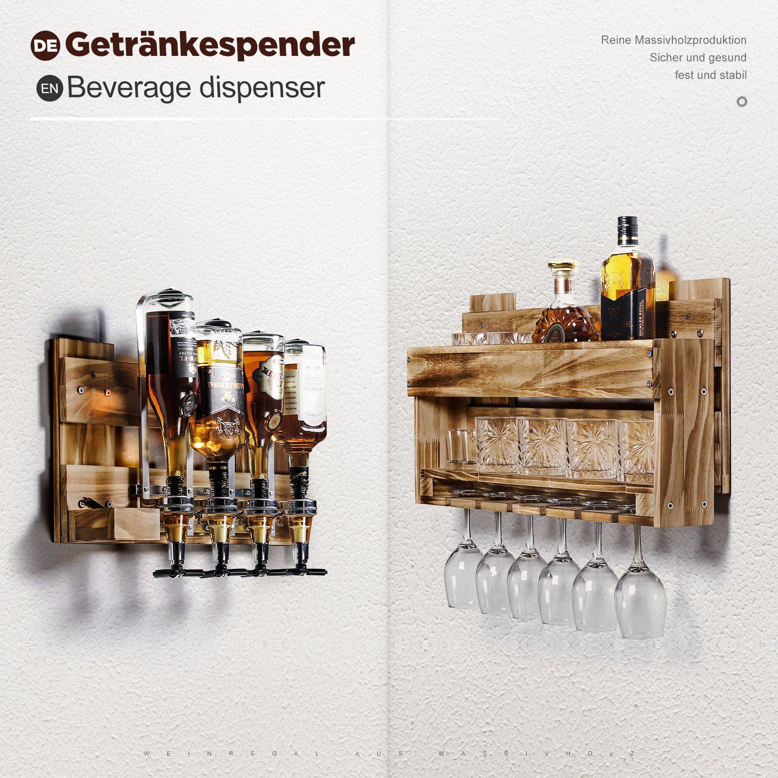 Yorbay Weinregal Weinregal aus Holz, Wandbar mit 4 Getränkespender, Wandmontage Wand Flaschenhalter Vintage Stil