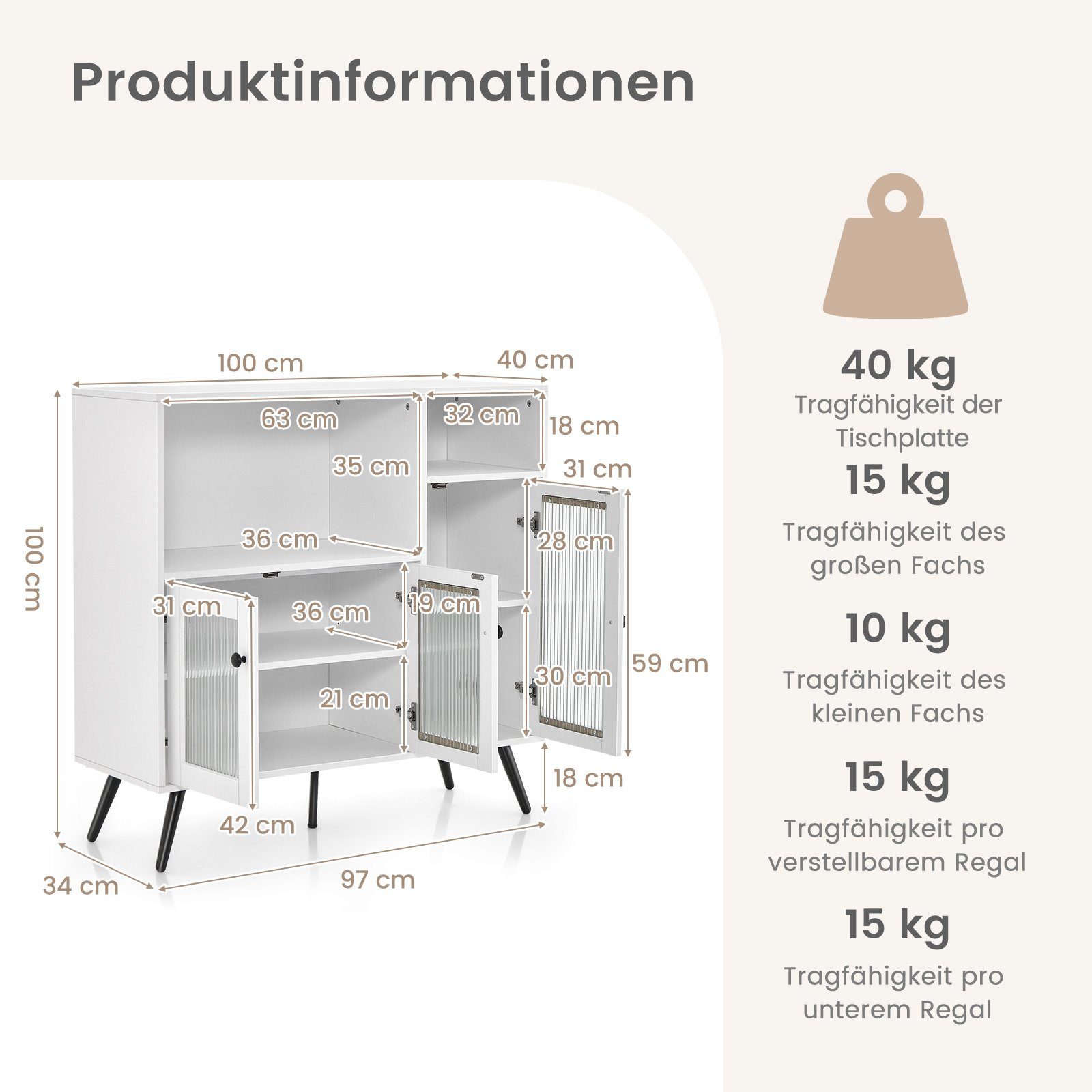 COSTWAY Küchenbuffet mit Glastüren & Fächern, Kippschutz, 100x39,5x100cm
