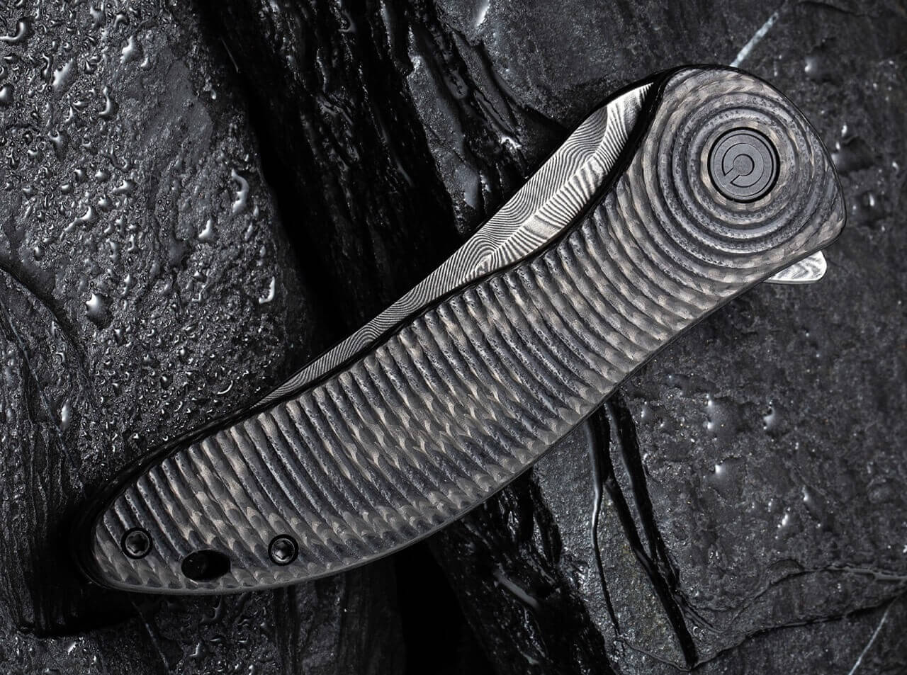 Synergy 3 Damascus G10 CF Black Trailing Point