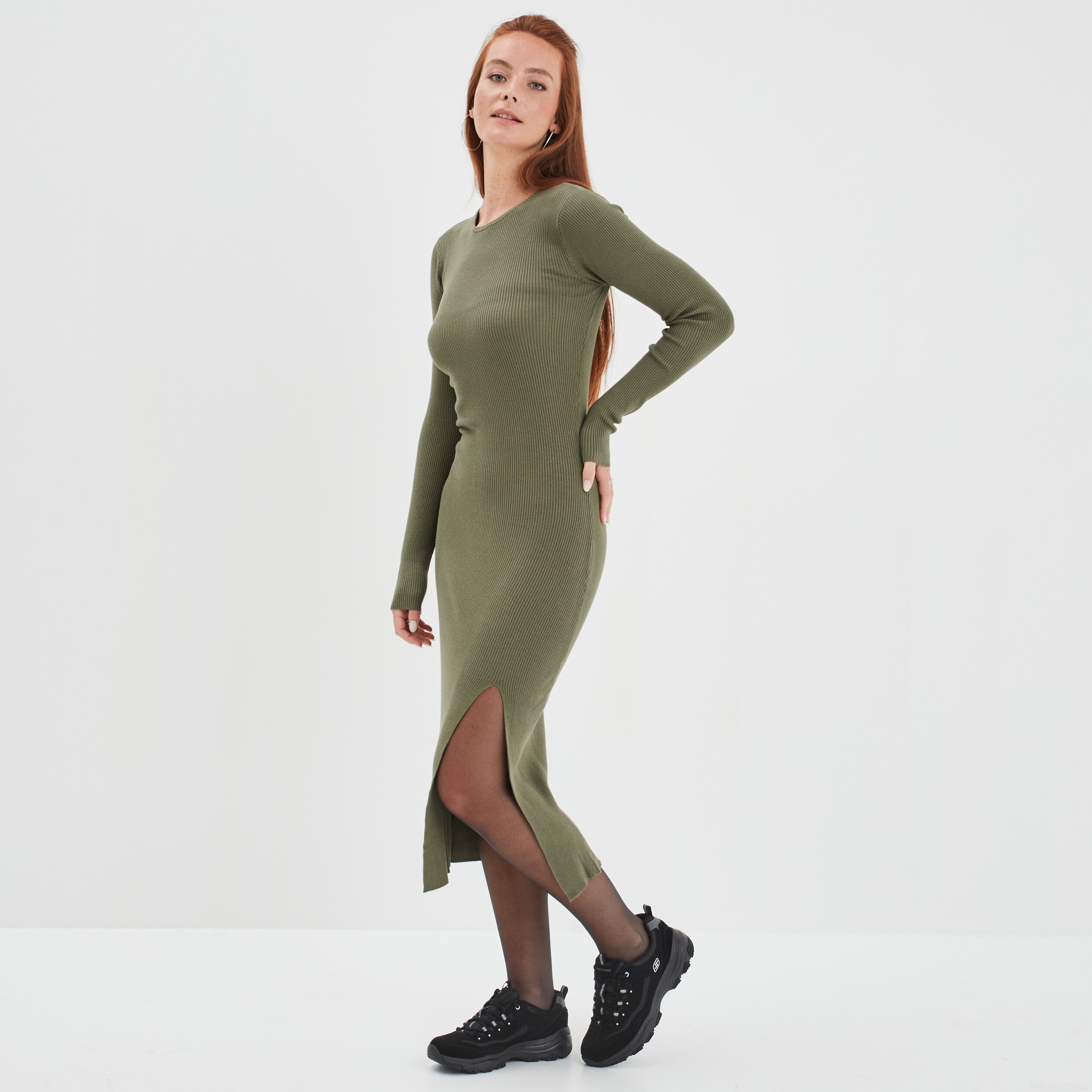 Robe pull longue moulante fendue vert kaki femme | La Halle