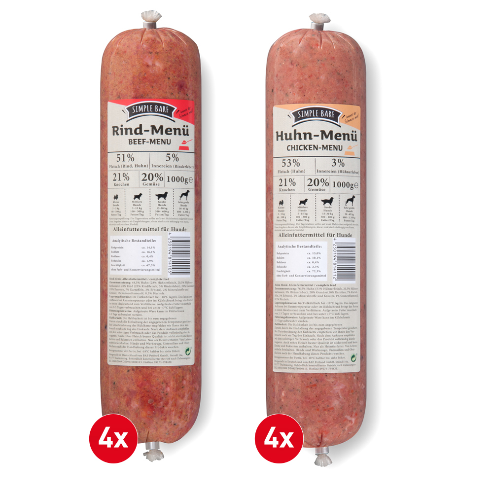 Simple BARF BARF/ Frostfutter Simple BARF komplett fertig Menüs Rind & Huhn -Paket 8x1000g