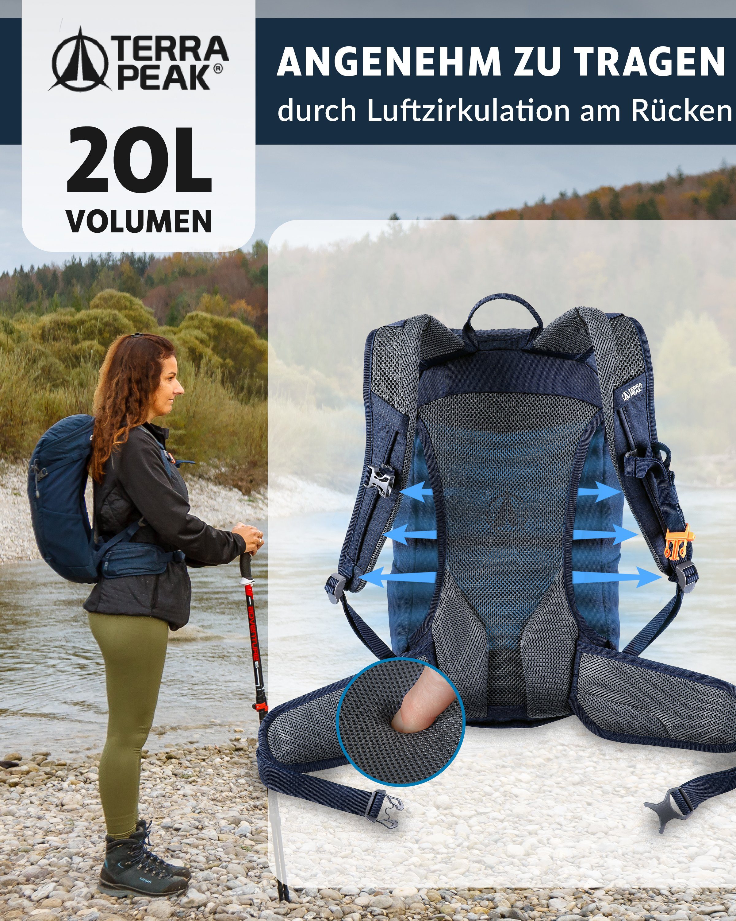 Terra Peak Wanderrucksack Airant 20, Rucksack klein mit belüftetem Netzrücken 20 Liter