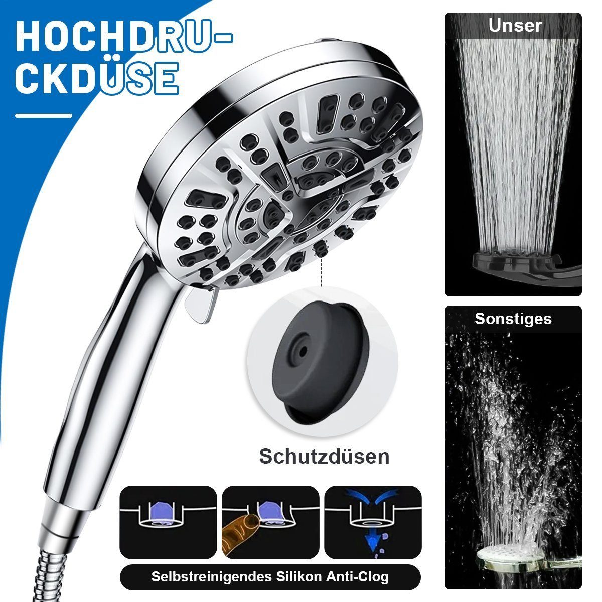 DOPWii Duschbrause Handbrause,Duschkopf mit Schlauch 1.5M,10-Modell Strahlarten