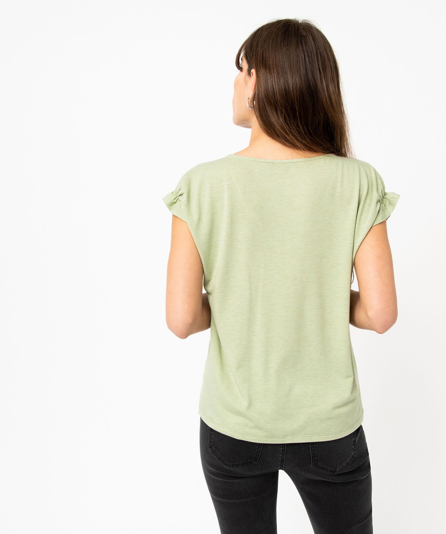 Tee-shirt femme à manches courtes froncées et col V vert clair | GEMO