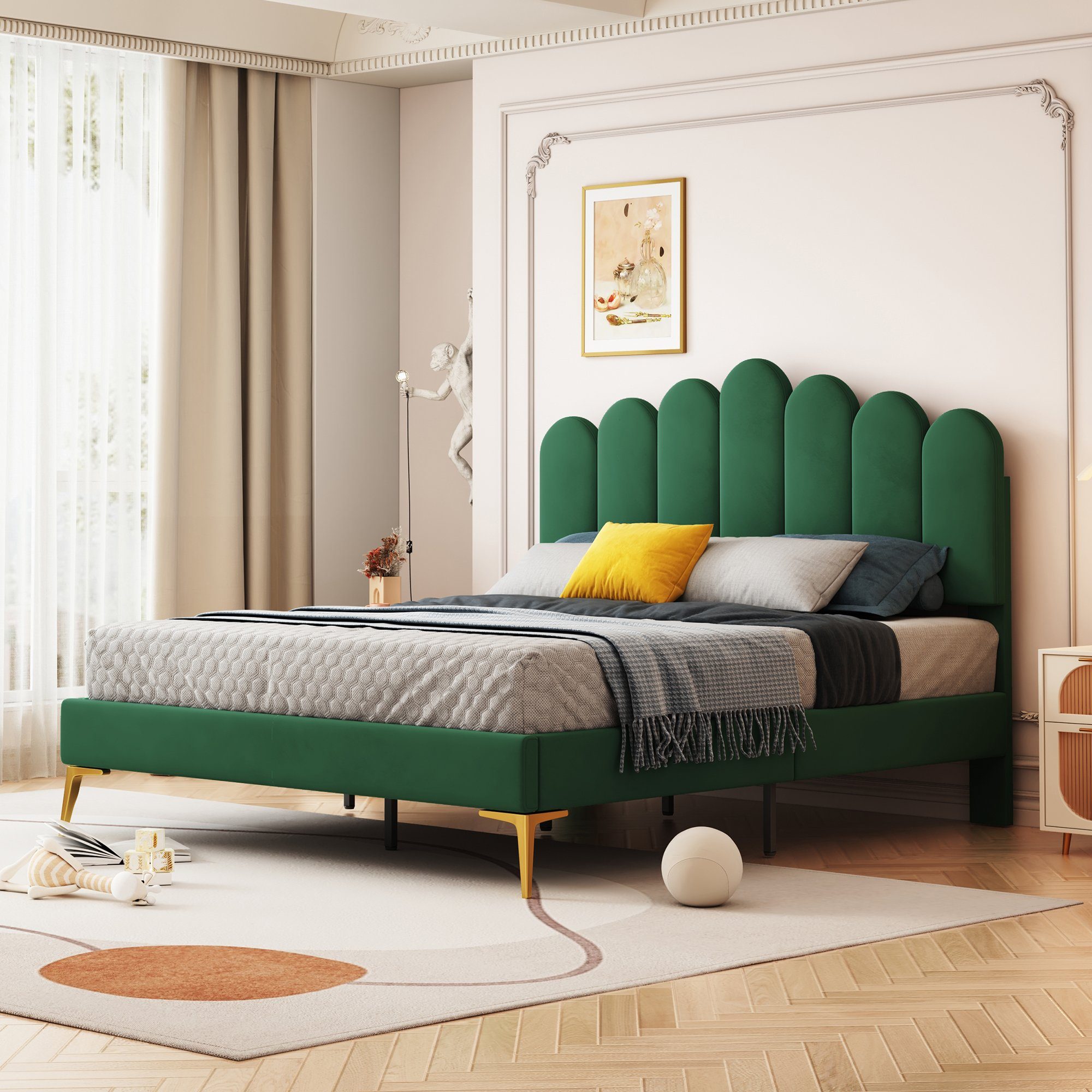 HAUSS SPLOE Polsterbett Polsterbett Funktionsbett Bettrahmen KInderbett Doppelbett (hautfreundlichem Samtstoff, Bettgestell mit Kopfteil und Lattenrost), ohne Matratze
