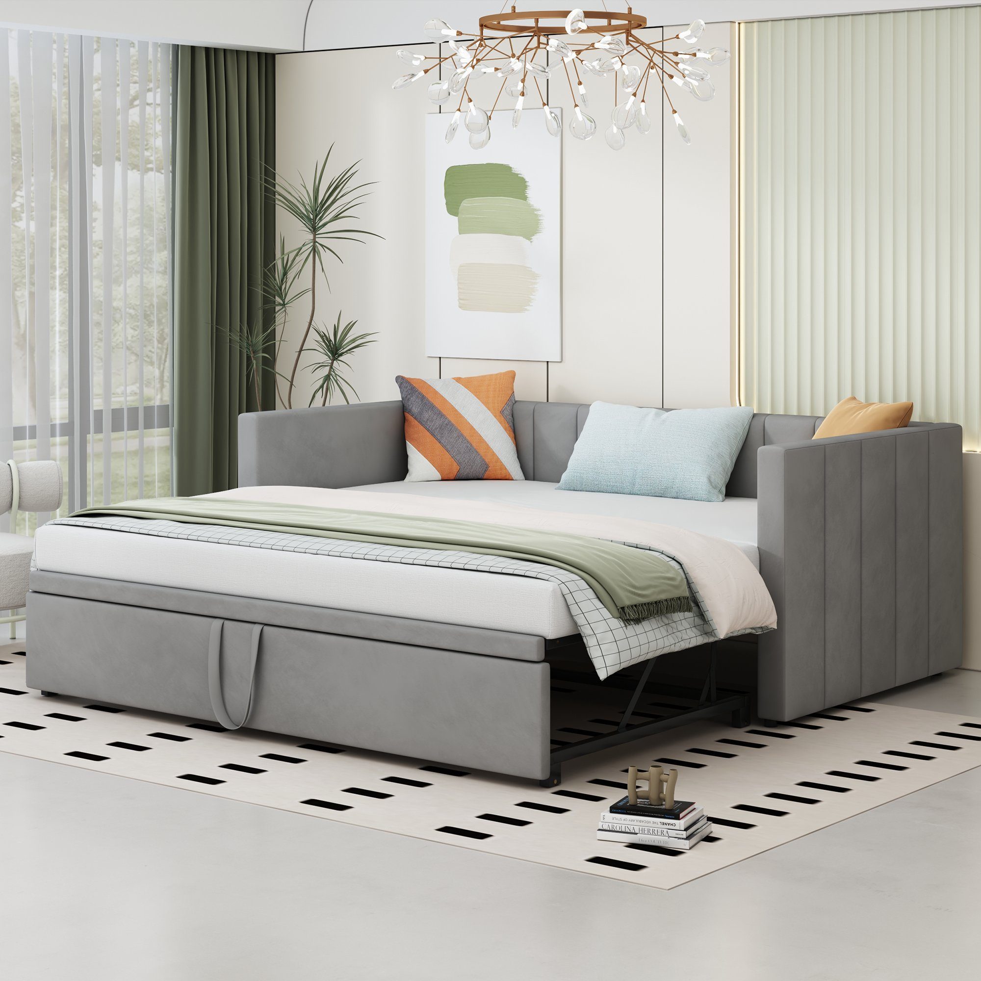 HAUSS SPLOE Schlafsofa Tagesbett Polsterbett Kinderbett Ausziehbares Schlafsofa, mit Lattenrosten Schlafsofa aus Samtstoff, Ohne Matratze, 90/180*200cm, Hellgrau