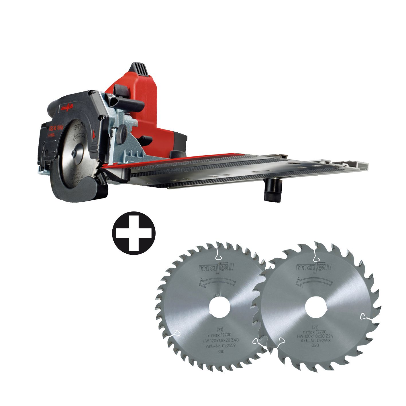 Mafell 1P0463 KSS 40 18M BL Sistem de ferăstrău circular cu acumulator 18V 5.5Ah Li-HD în T-max + 2 lame de ferăstrău Z24/Z40