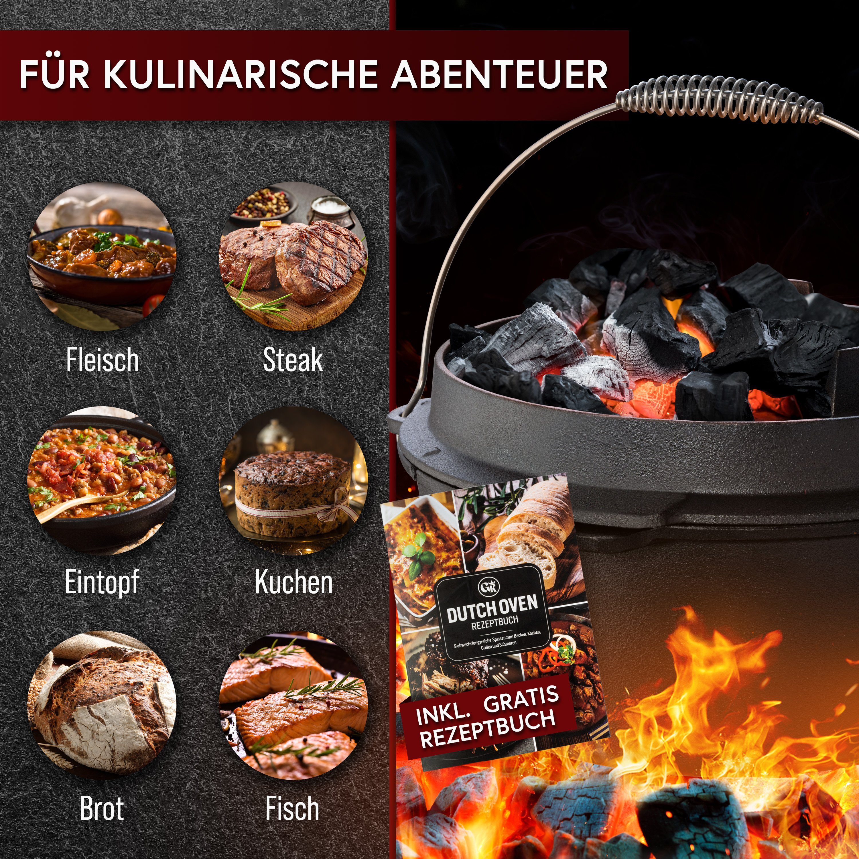 GUSSKÖNIG Grilltopf GUSSKÖNIG Dutch Oven 9L Set: inklusive Deckelheber, Bürste, Rezeptbuch