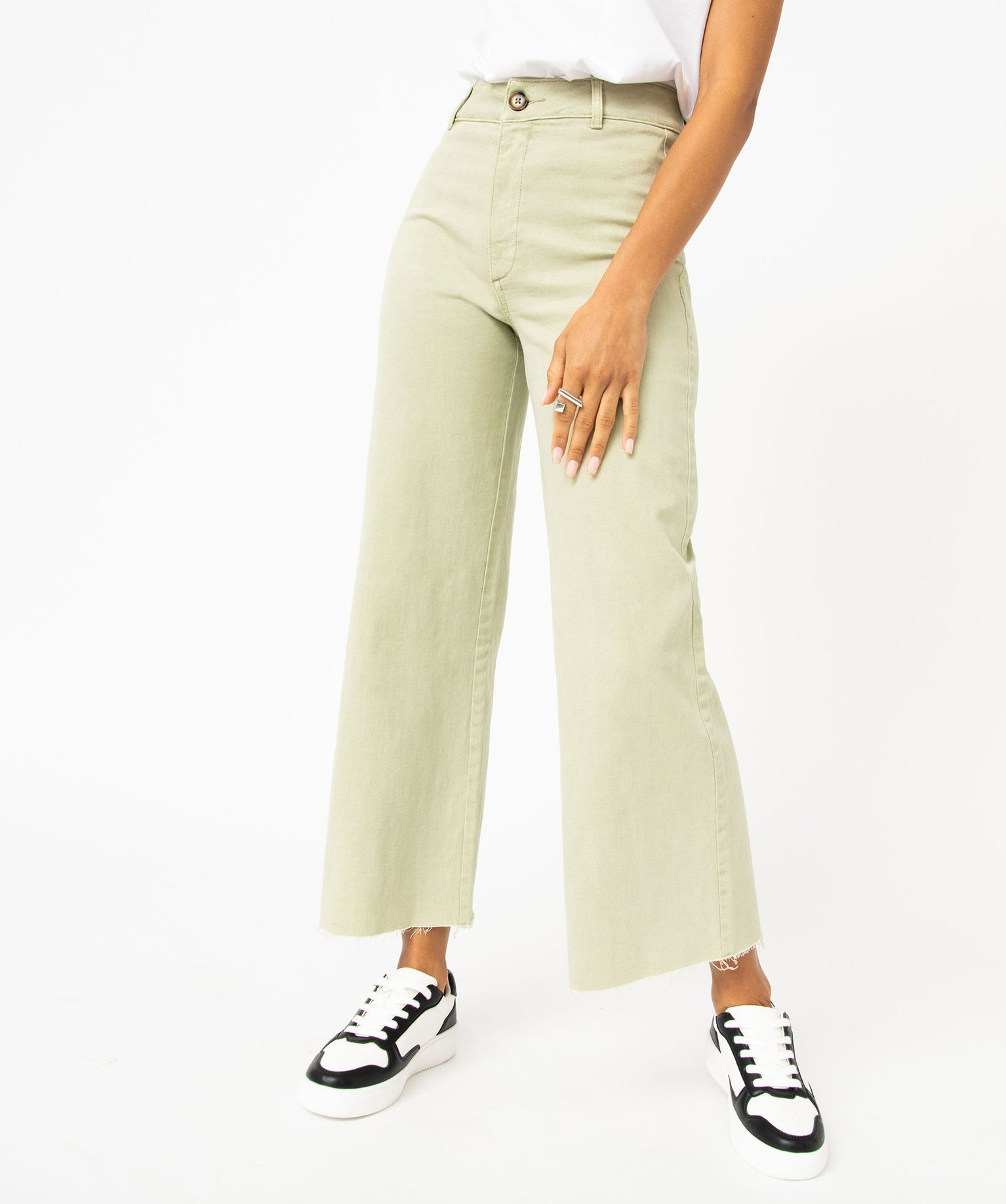 Jean wide leg taille haute longueur 7/8ème femme vert | GEMO